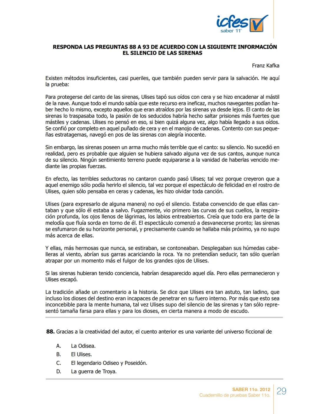 saber 11°
icfes V
☑
CUADERNILLO
DE PREGUNTAS
SABER 110. 2012
Cuadernillo de pruebas Saber 110.
Ministerio de
Educación Nacional
República de