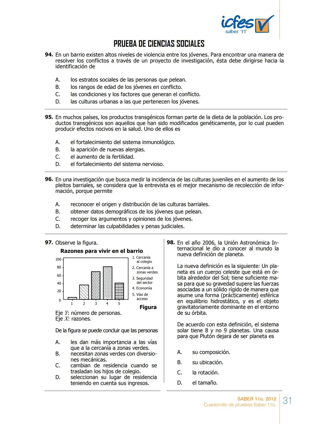saber 11°
icfes V
☑
CUADERNILLO
DE PREGUNTAS
SABER 110. 2012
Cuadernillo de pruebas Saber 110.
Ministerio de
Educación Nacional
República de