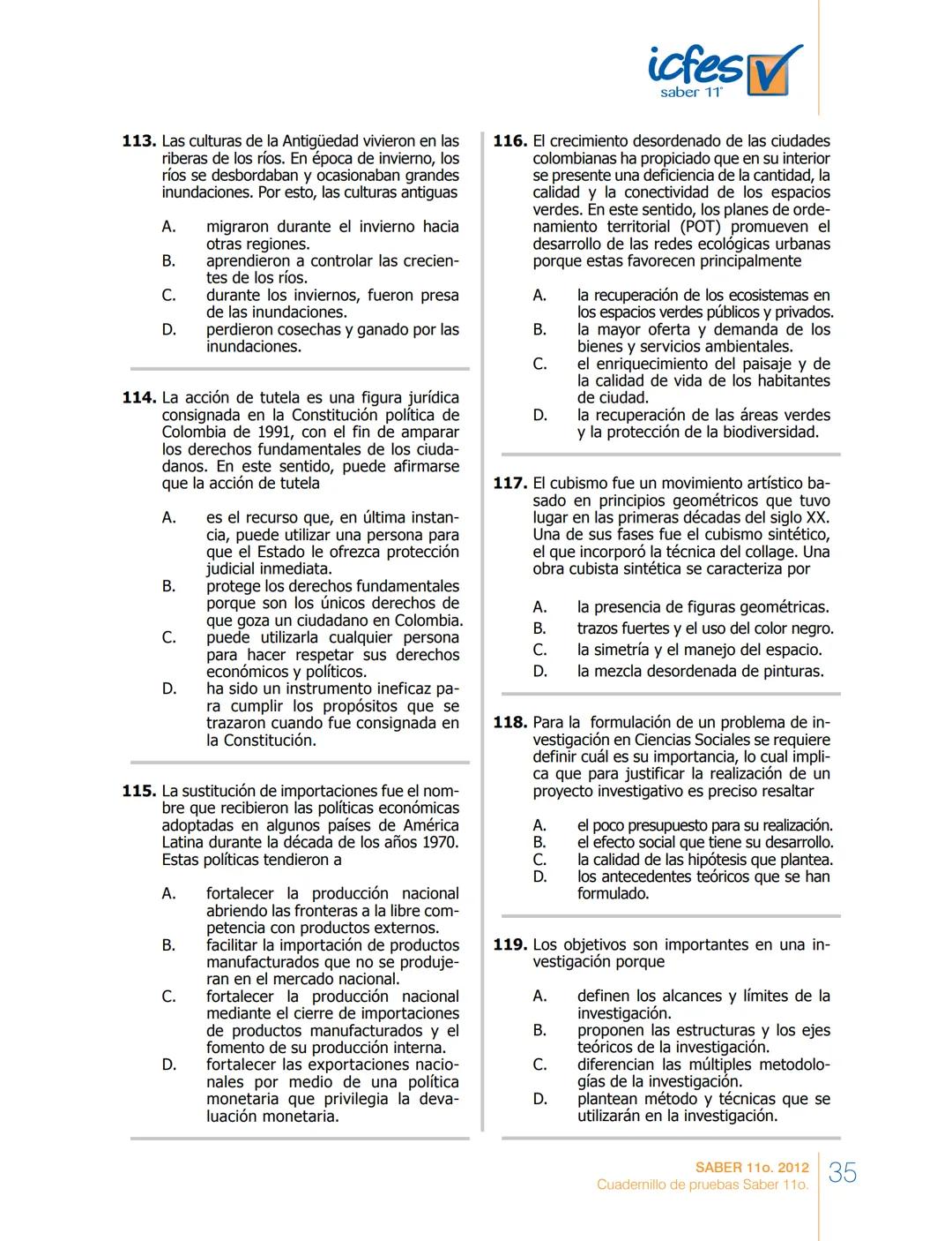 saber 11°
icfes V
☑
CUADERNILLO
DE PREGUNTAS
SABER 110. 2012
Cuadernillo de pruebas Saber 110.
Ministerio de
Educación Nacional
República de