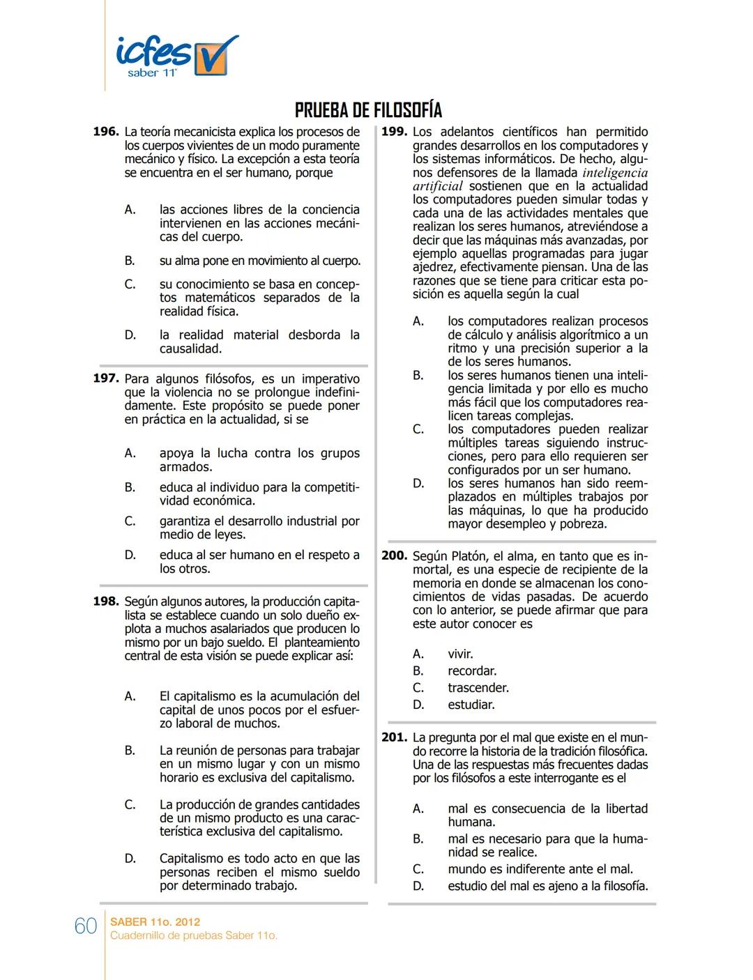 saber 11°
icfes V
☑
CUADERNILLO
DE PREGUNTAS
SABER 110. 2012
Cuadernillo de pruebas Saber 110.
Ministerio de
Educación Nacional
República de