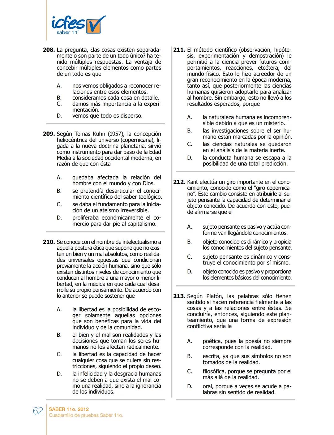 saber 11°
icfes V
☑
CUADERNILLO
DE PREGUNTAS
SABER 110. 2012
Cuadernillo de pruebas Saber 110.
Ministerio de
Educación Nacional
República de