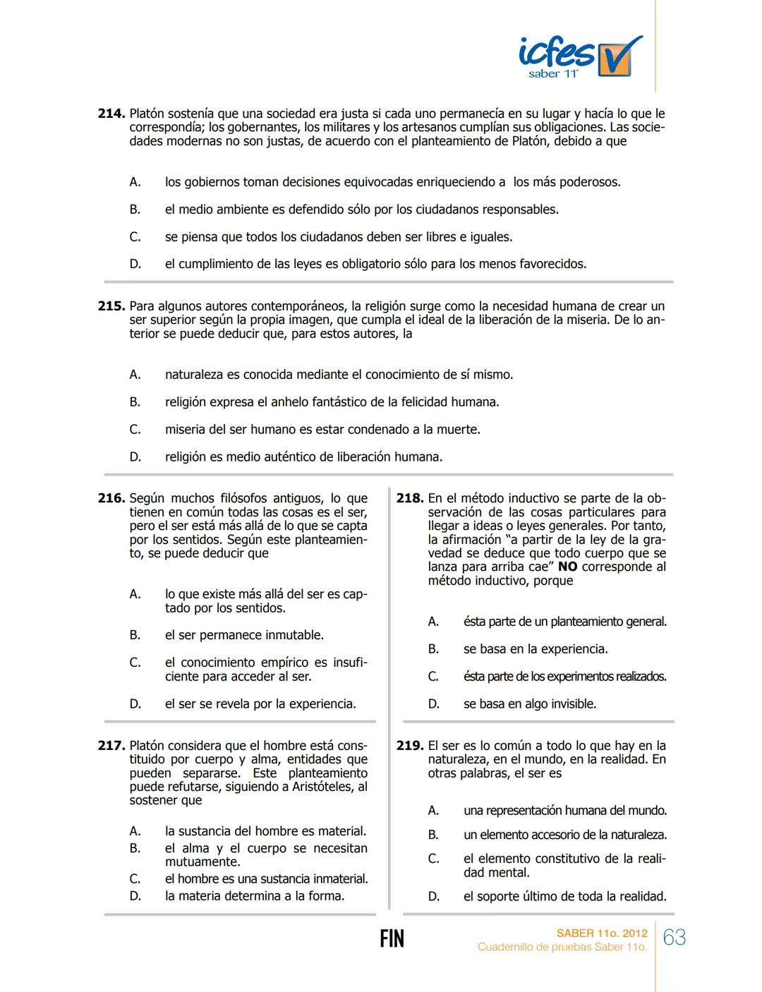saber 11°
icfes V
☑
CUADERNILLO
DE PREGUNTAS
SABER 110. 2012
Cuadernillo de pruebas Saber 110.
Ministerio de
Educación Nacional
República de