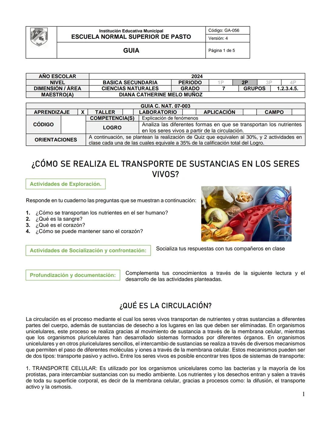 Institución Educativa Municipal
ESCUELA NORMAL SUPERIOR DE PASTO
GUIA
Código: GA-056
Versión: 4
Página 1 de 5
AÑO ESCOLAR
NIVEL
DIMENSION/AR