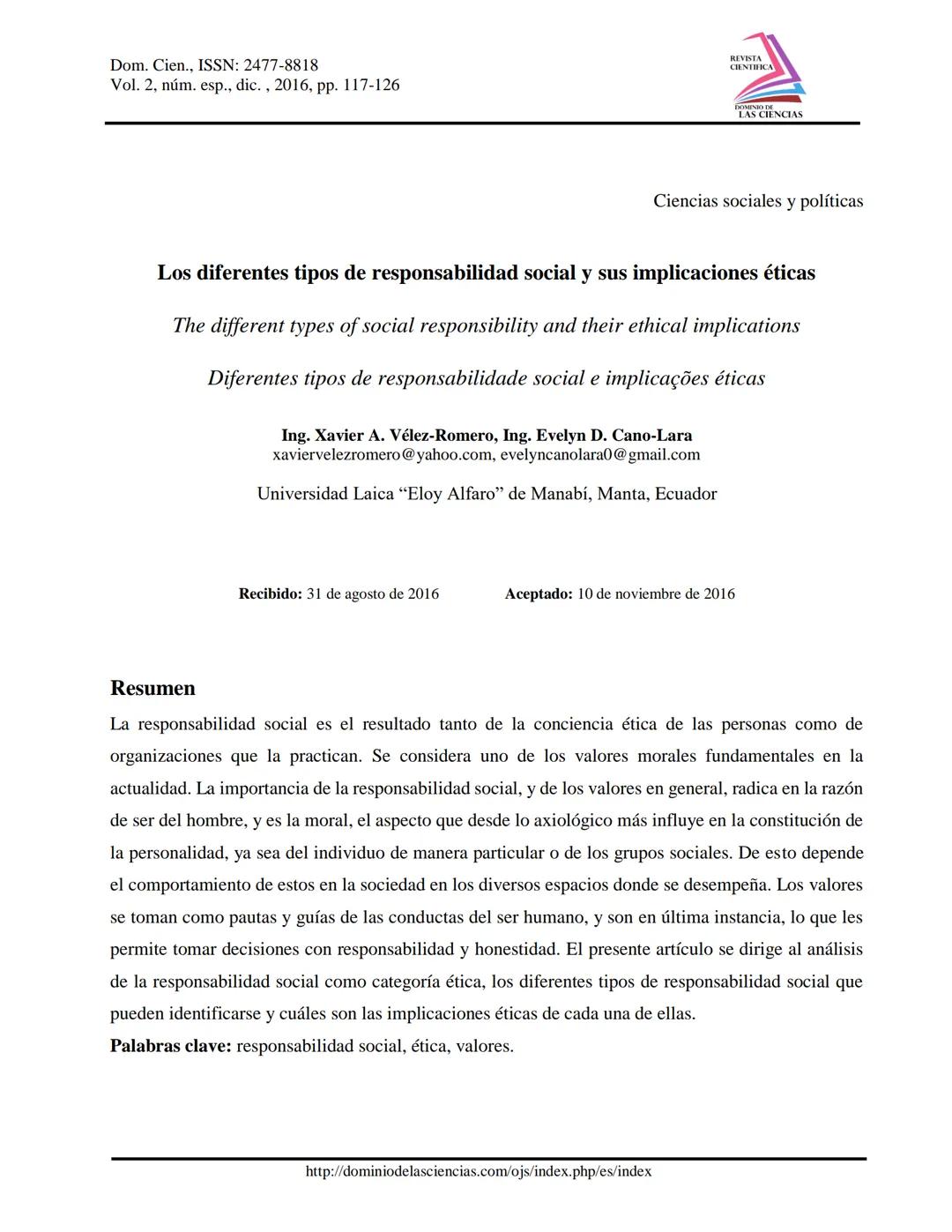 Dom. Cien., ISSN: 2477-8818
Vol. 2, núm. esp., dic., 2016, pp. 117-126
REVISTA
CIENTIFICA
NIO DE CIAS
Ciencias sociales y políticas
Los dife