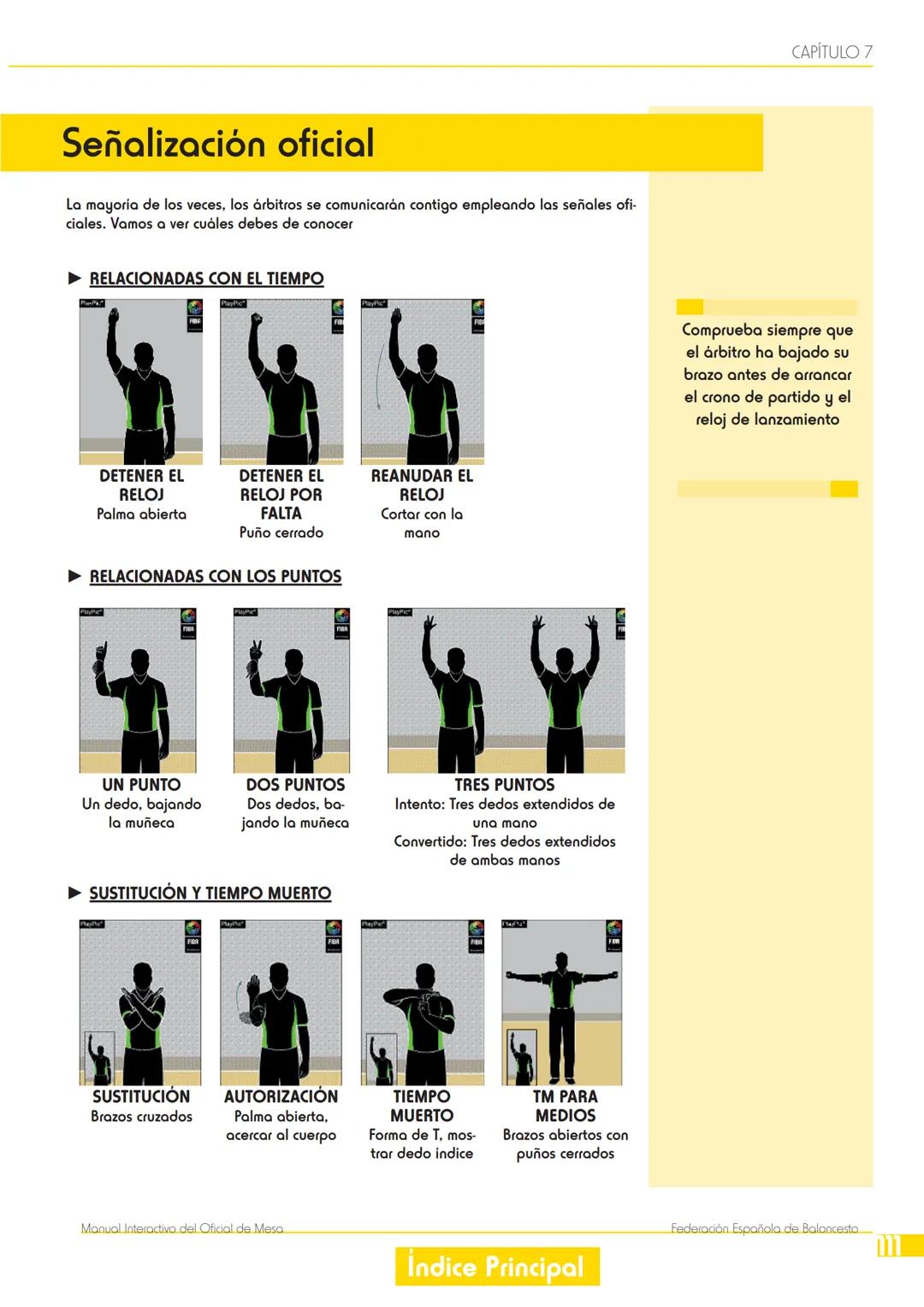 7. Señales de los árbitros
CAPÍTULO 7
¿Qué vas a aprender?
• Las señales oficiales de los árbitros que debes conocer para realizar correctam