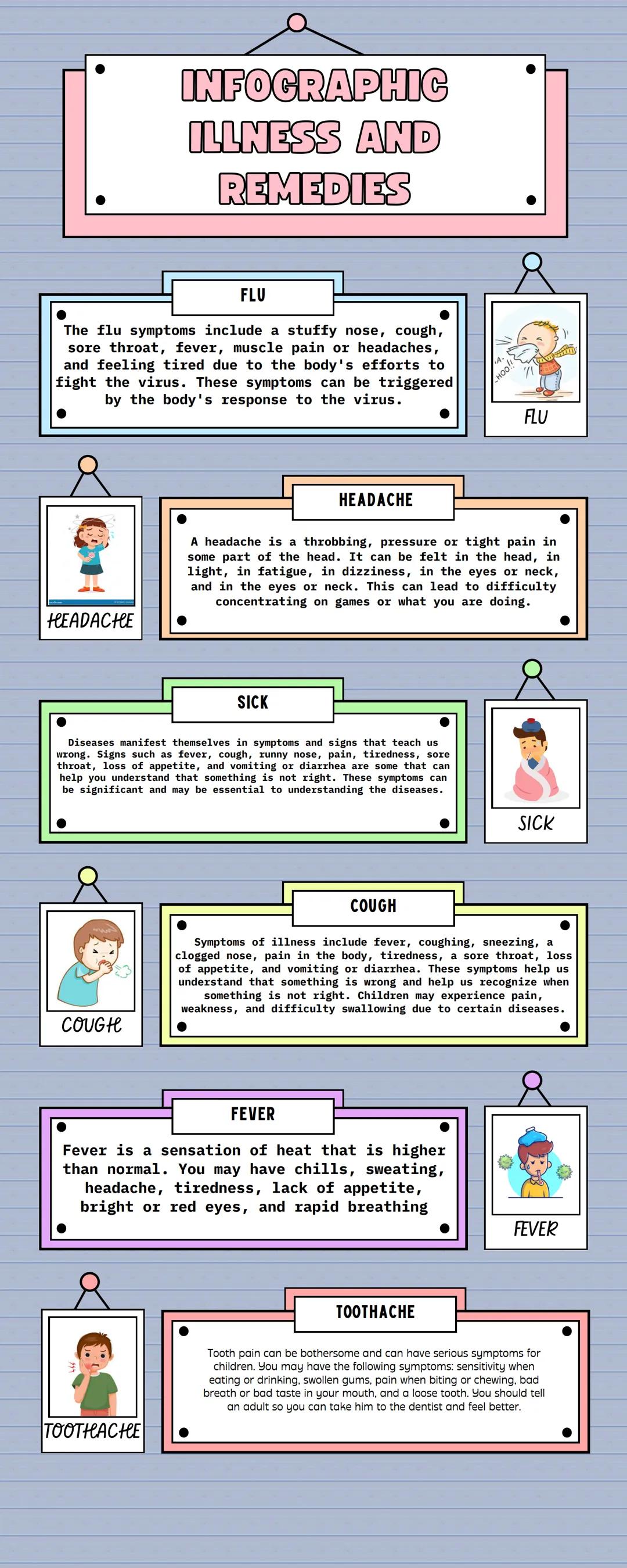 INFOGRAPHIC
ILLNESS AND
REMEDIES
FLU
The flu symptoms include a stuffy nose, cough,
sore throat, fever, muscle pain or headaches,
and feelin