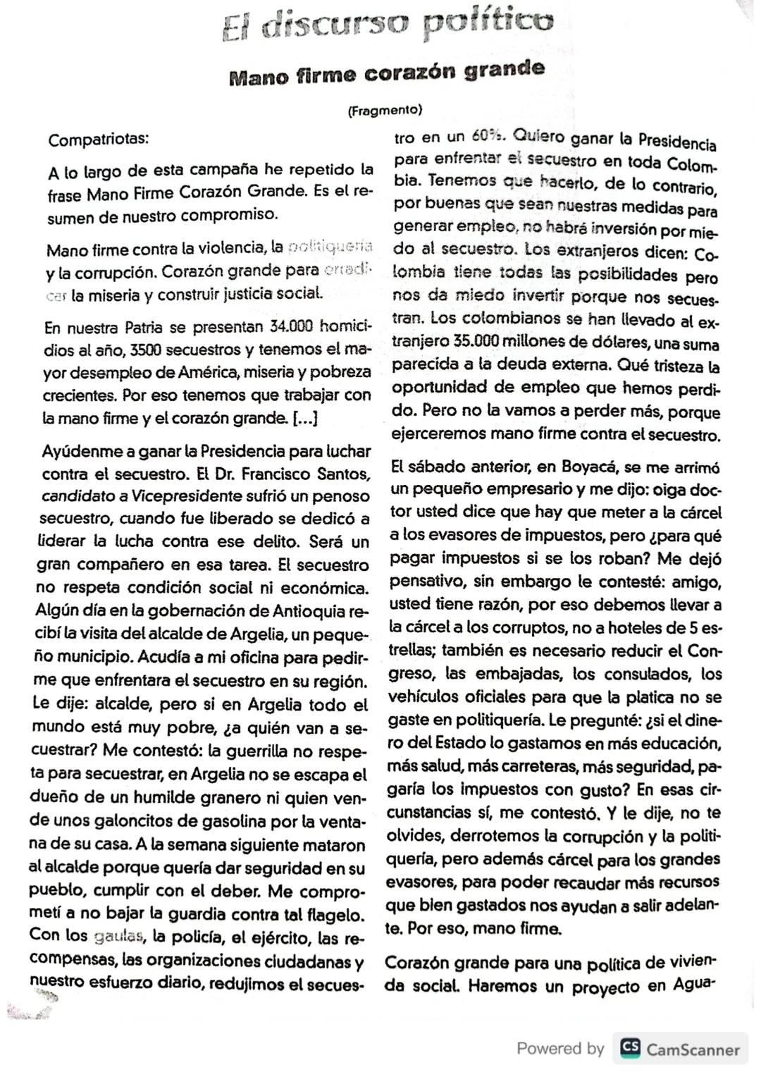 # El discurso político
## Mano firme corazón grande
(Fragmento)
Compatriotas:
A lo largo de esta campaña he repetido la
frase Mano Firme