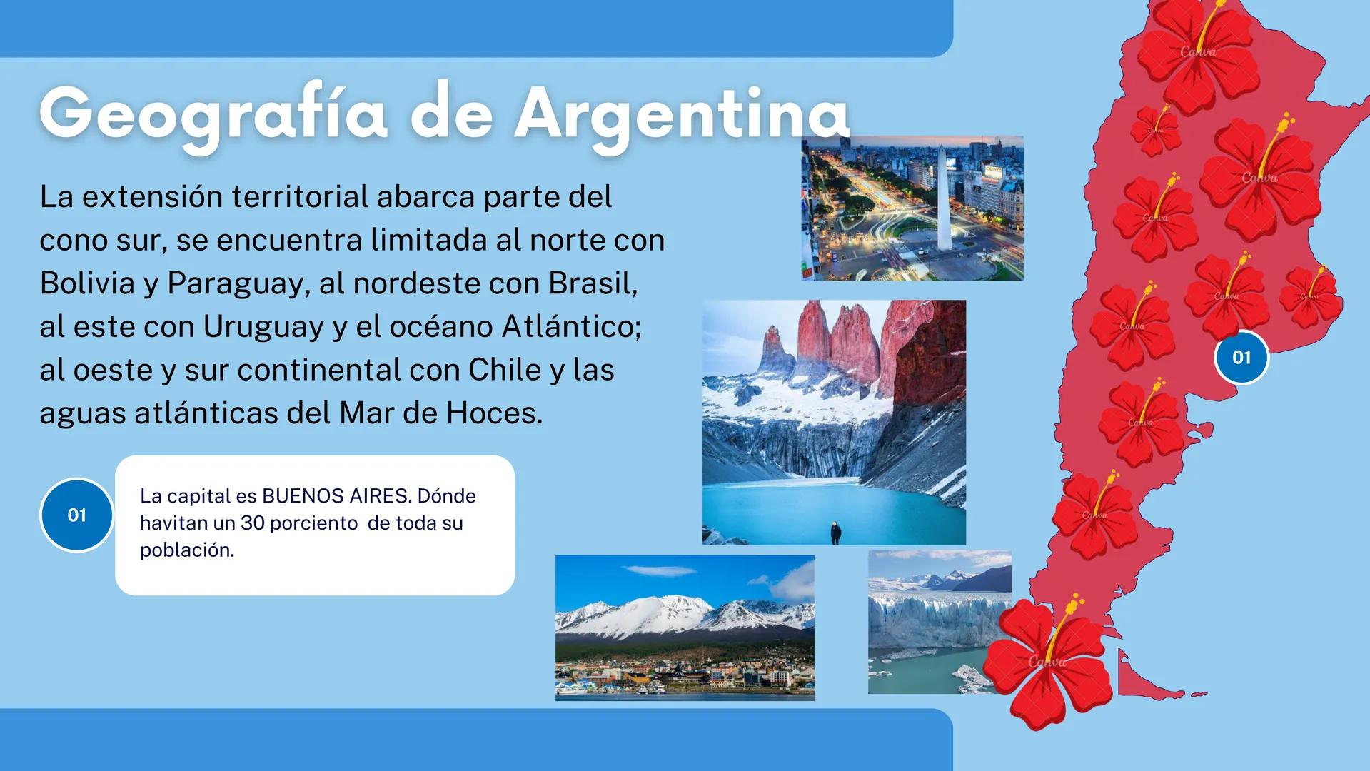 Argentina
Canva Canva
Argentina
Canva
Canva
Canva
Canva
Canva Geografía de Argentina
La extensión territorial abarca parte del
cono sur, se