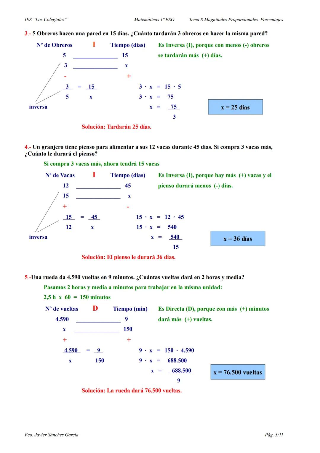 IES "Los Colegiales"
Matemáticas 1º ESO
Tema 8 Magnitudes Proporcionales. Porcentajes
Problemas de proporcionalidad
REGLA DE TRES SIMPLE DIR