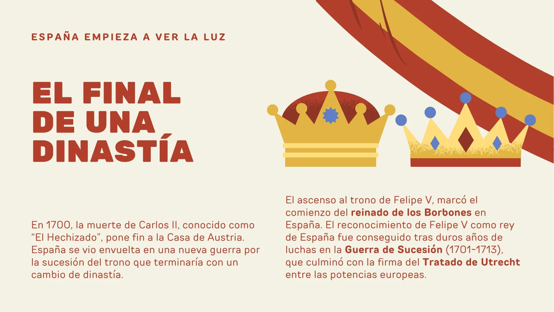 # ESPAÑA
## EN EL
### SIGLO XVIII
Un siglo cargado de cambios ESPAÑA EMPIEZA A VER LA LUZ
# EL FINAL
# DE UNA
# DINASTÍA
En 1700, la muert