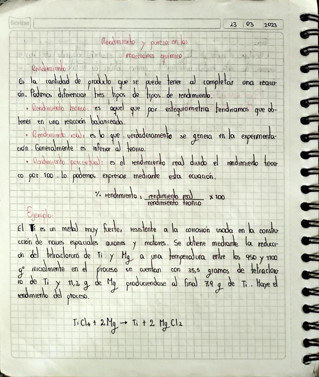 Scribe
23 03
2023
Rendimiento
Rendimiento y pureza en las
6 la cantidad de producto que
reacciones quimico
se puede tener al completar una
