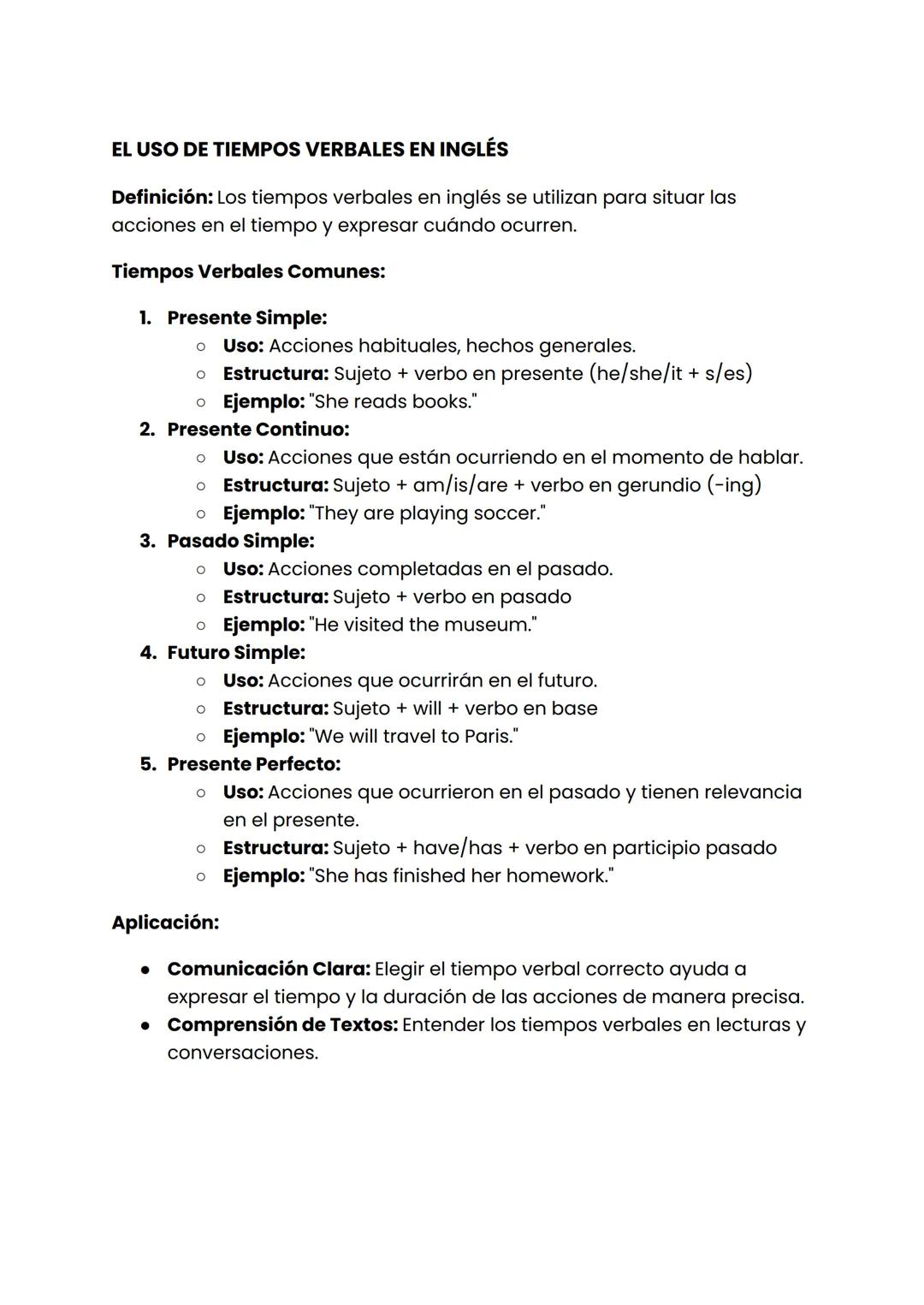 EL USO DE TIEMPOS VERBALES EN INGLÉS
Definición: Los tiempos verbales en inglés se utilizan para situar las
acciones en el tiempo y expresar