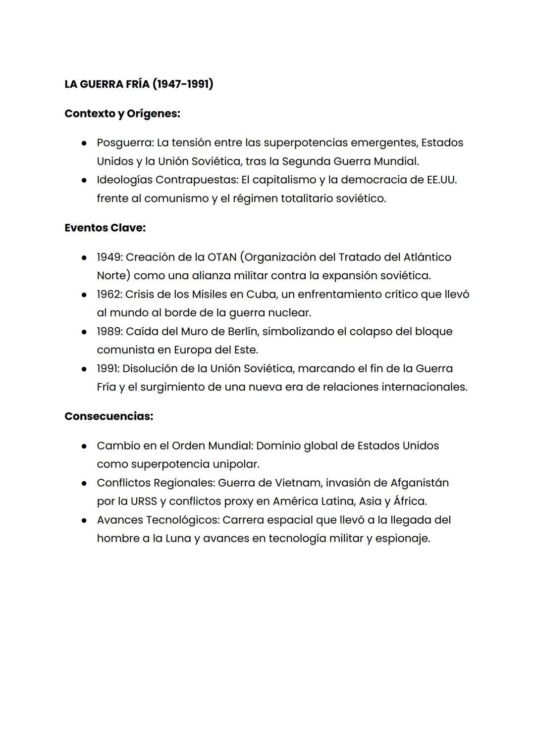LA GUERRA FRÍA (1947-1991)
Contexto y Orígenes:
• Posguerra: La tensión entre las superpotencias emergentes, Estados
Unidos y la Unión Sovié
