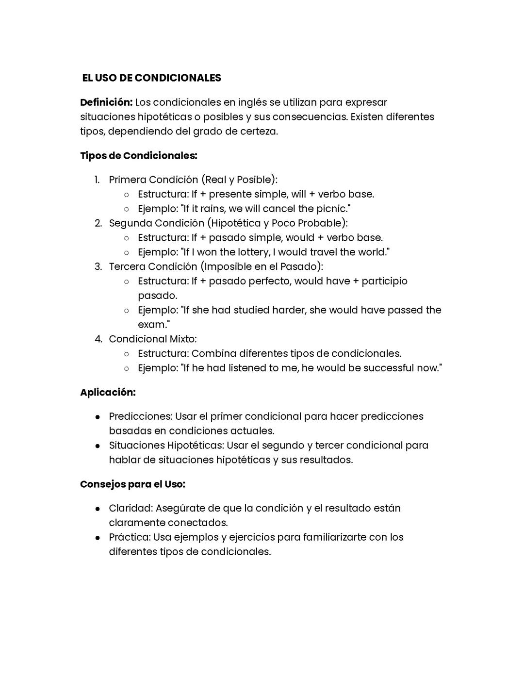 Uso de condicionales en ingles