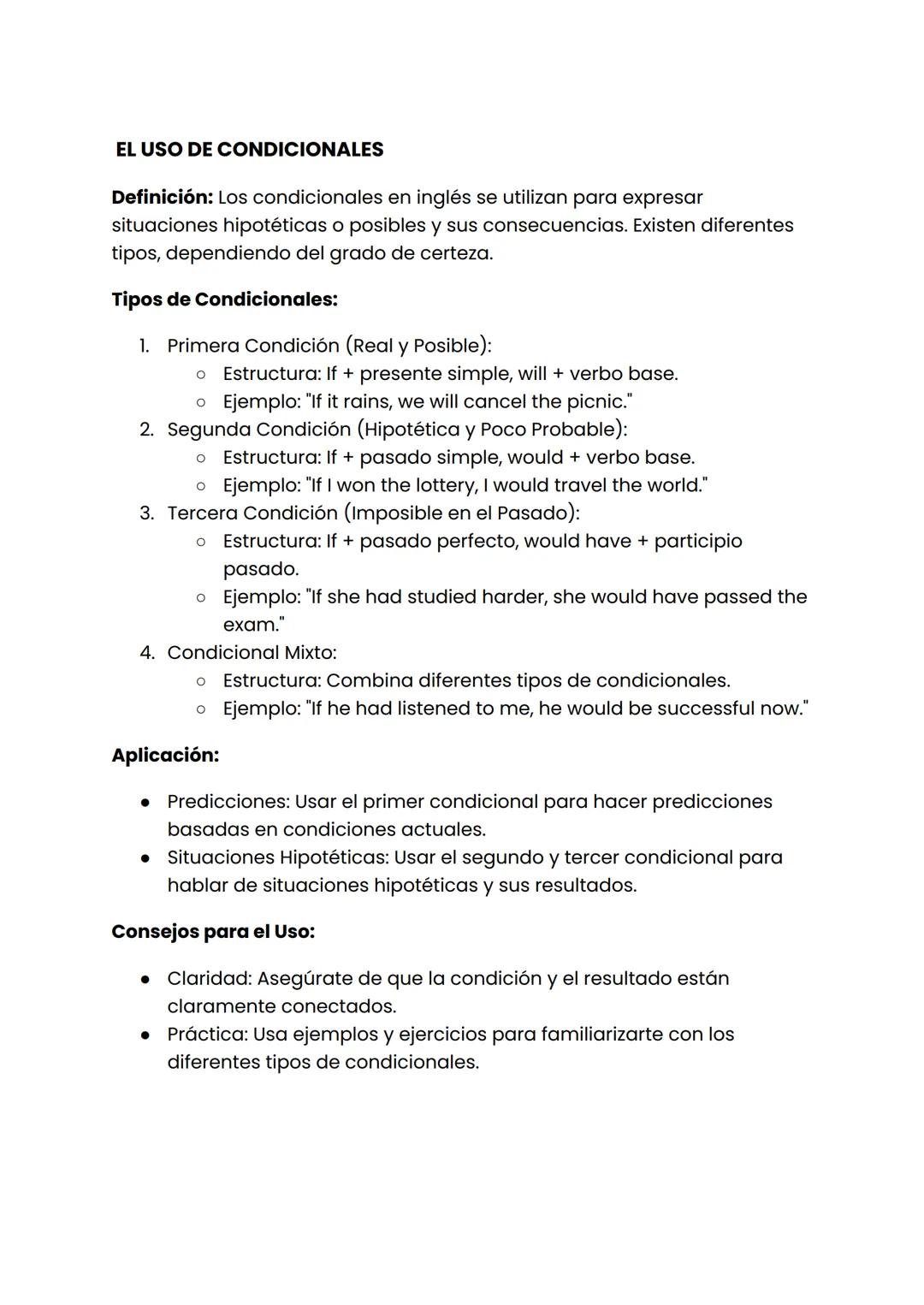EL USO DE CONDICIONALES
Definición: Los condicionales en inglés se utilizan para expresar
situaciones hipotéticas o posibles y sus consecuen