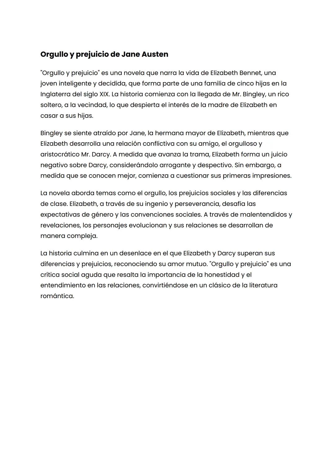 Orgullo y prejuicio de Jane Austen
"Orgullo y prejuicio" es una novela que narra la vida de Elizabeth Bennet, una
joven inteligente y decidi