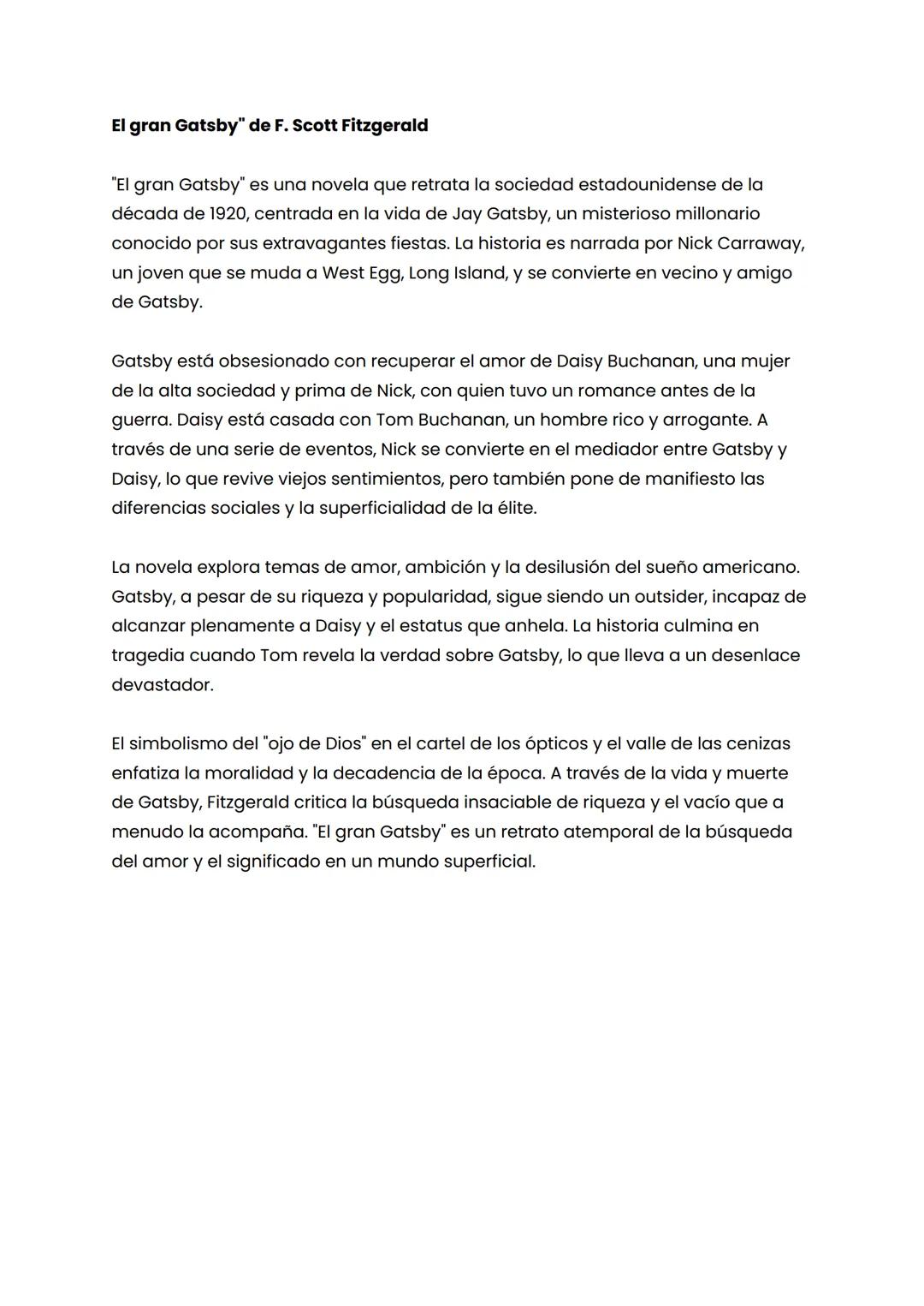 El gran Gatsby" de F. Scott Fitzgerald
"El gran Gatsby" es una novela que retrata la sociedad estadounidense de la
década de 1920, centrada