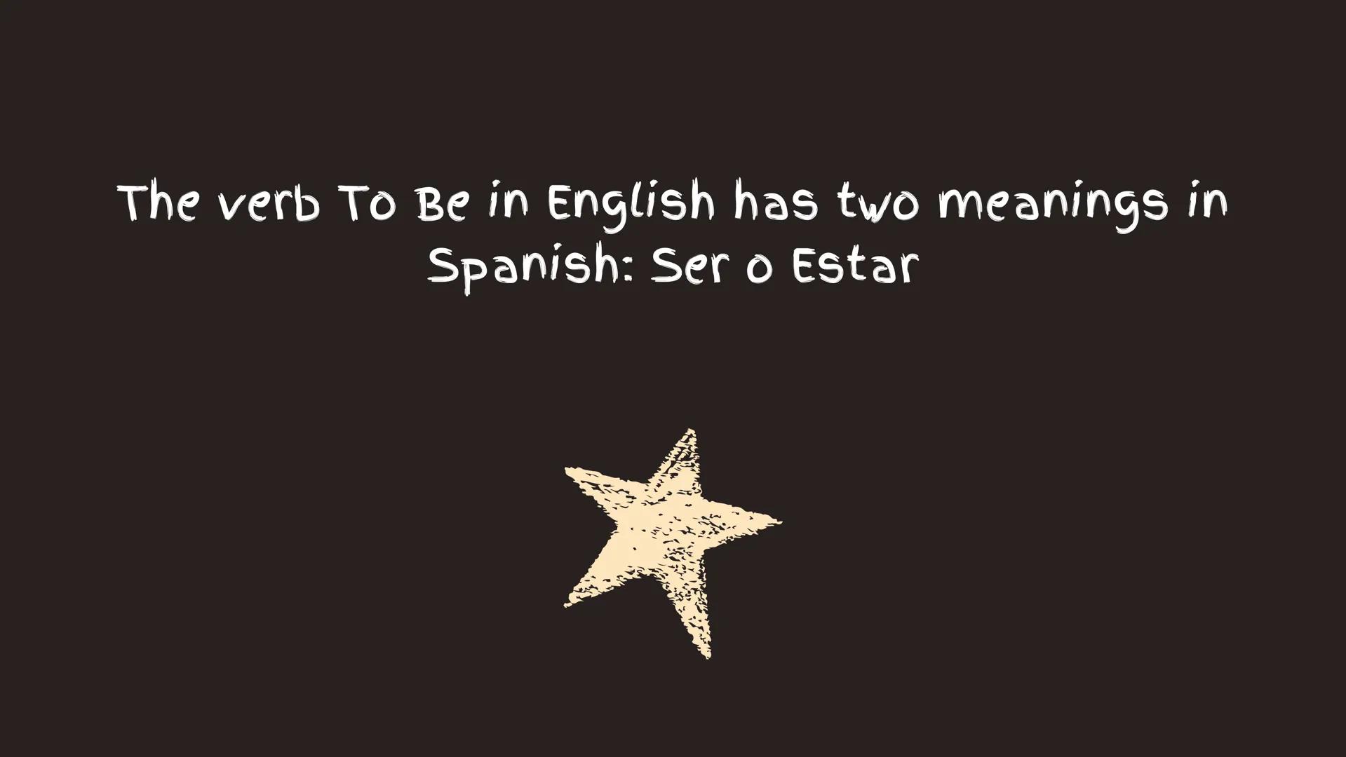 Verb To Be The verb To Be in English has two meanings in
Spanish: Ser o Estar Ex: I am a teacher. Ex: The cat is at home. Verb To Be: affirm