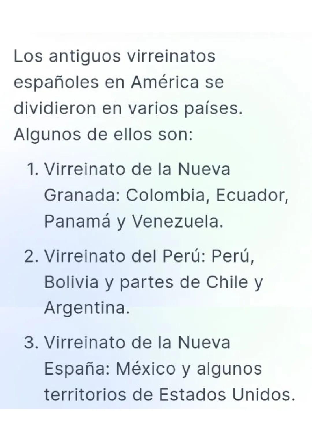 Los antiguos virreinatos
españoles en América se
dividieron en varios países.
Algunos de ellos son:
1. Virreinato de la Nueva
Granada: Colom