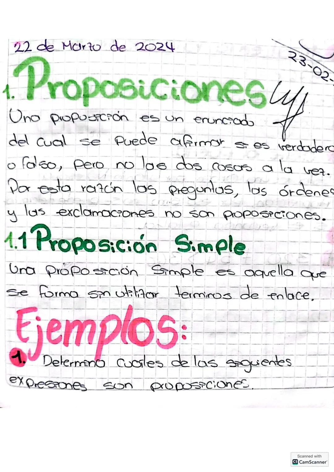 1.
22 de Marzo de 2024
23-02-
Proposicionesly
Una proposición es un enunciado
del cual se puede afirmar st es verdadero
。 falso, pero no los