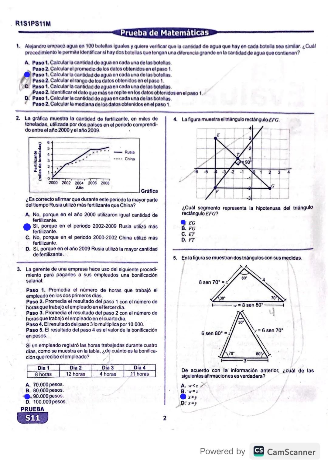 R1S1PS11M
Prueba de Matemáticas
1. Alejandro empacó agua en 100 botellas iguales y quiere verificar que la cantidad de agua que hay en cada