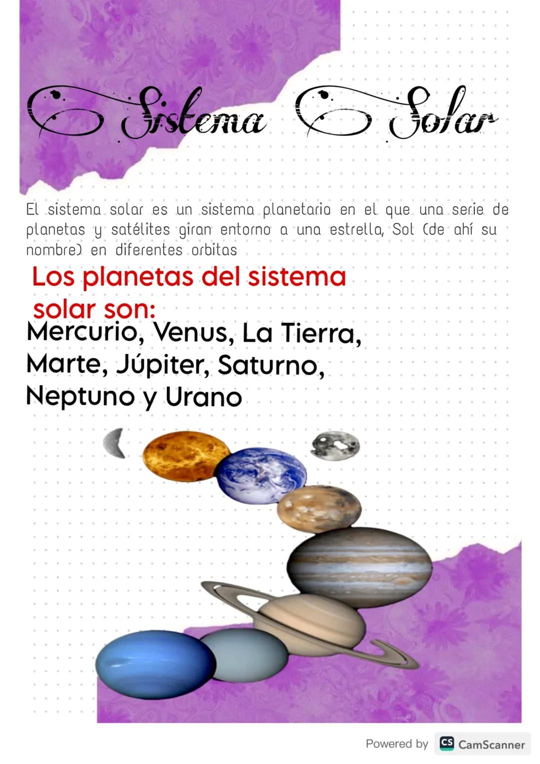 # Sistema Solar
El sistema solar es un sistema planetario en el que una serie de
planetas y satélites giran entorno a una estrella, Sol (de
