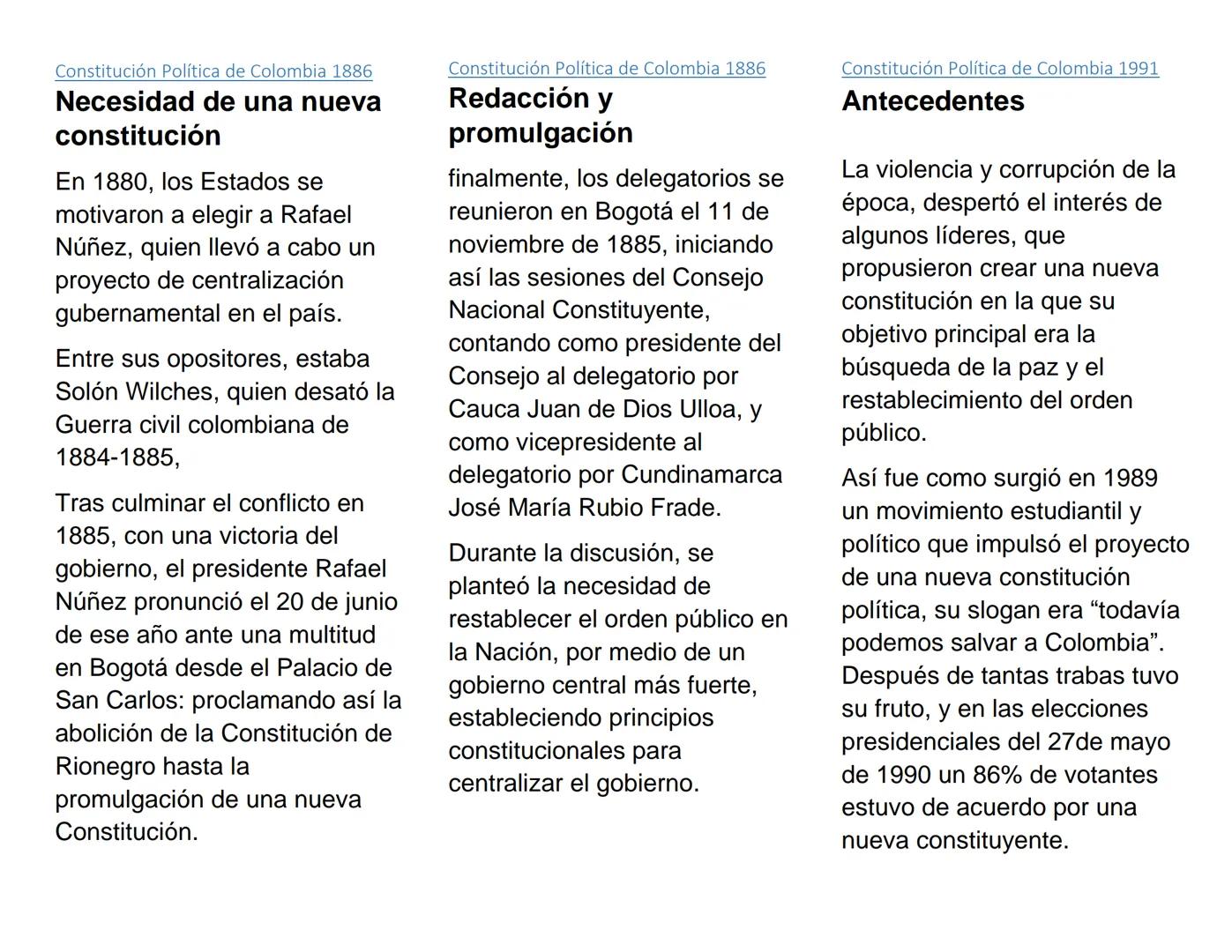 Constitución Política de Colombia 1886
Necesidad de una nueva
constitución
En 1880, los Estados se
motivaron a elegir a Rafael
Núñez, quien