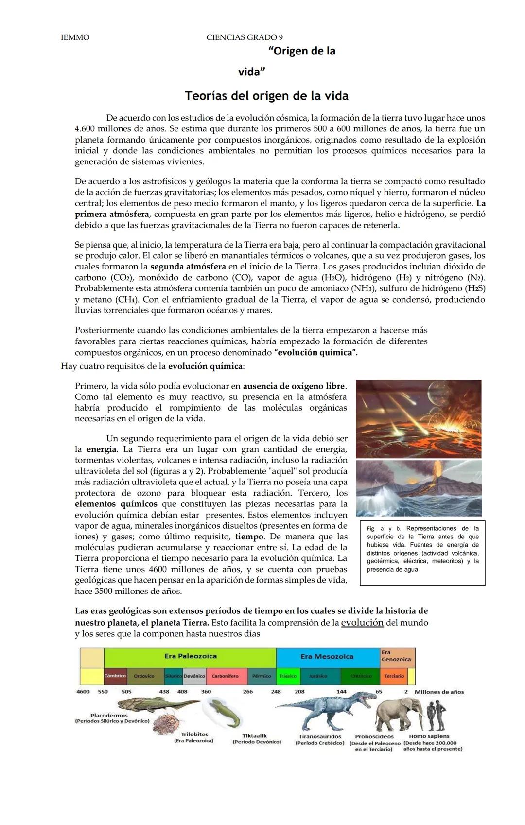 IEMMO
CIENCIAS GRADO 9
"Origen de la
vida"
Teorías del origen de la vida
De acuerdo con los estudios de la evolución cósmica, la formación d