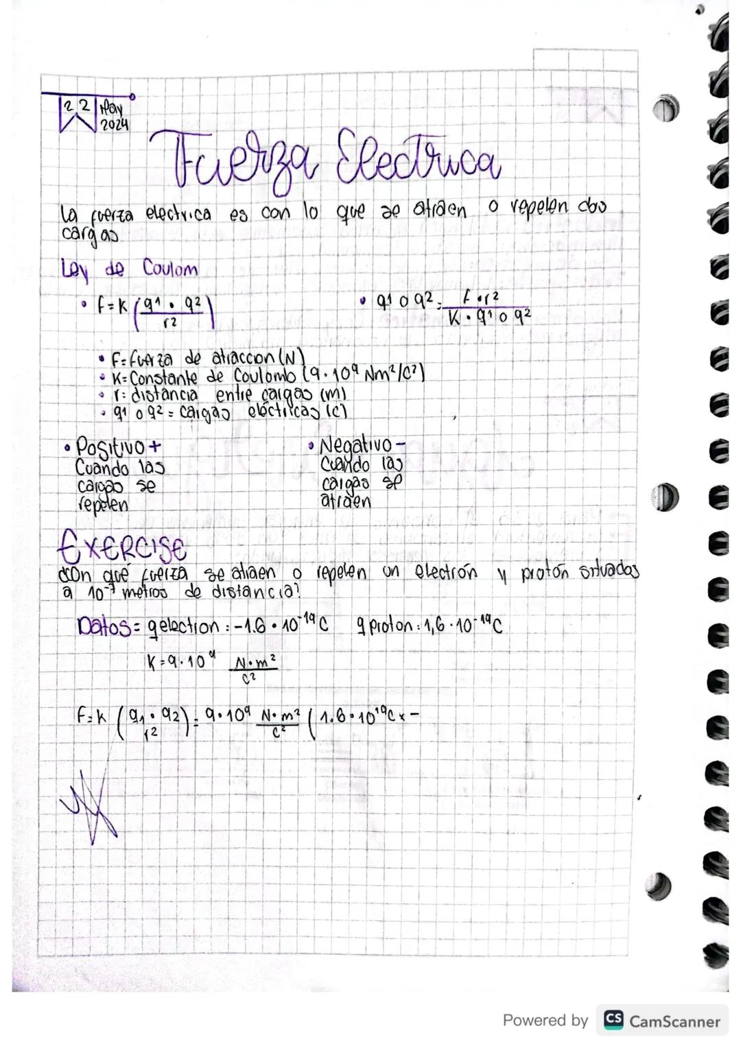 # 22 May
2024
# Fuerza Electrica
La fuerza electrica es con lo que se atiden o repelen doo
cargas
Ley de Coulom
•f=k/91 92
12
91092 for