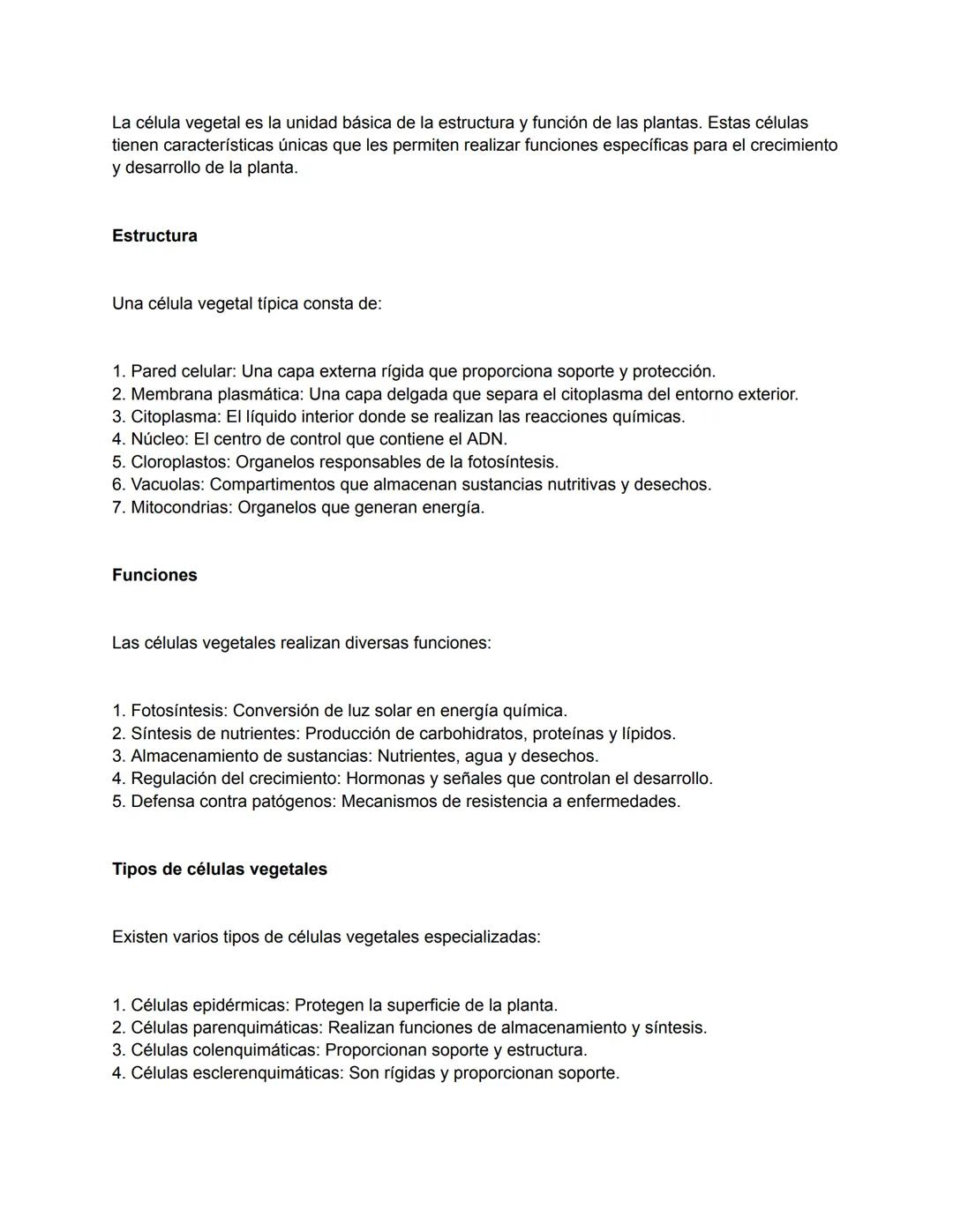 La célula vegetal es la unidad básica de la estructura y función de las plantas. Estas células
tienen características únicas que les permite