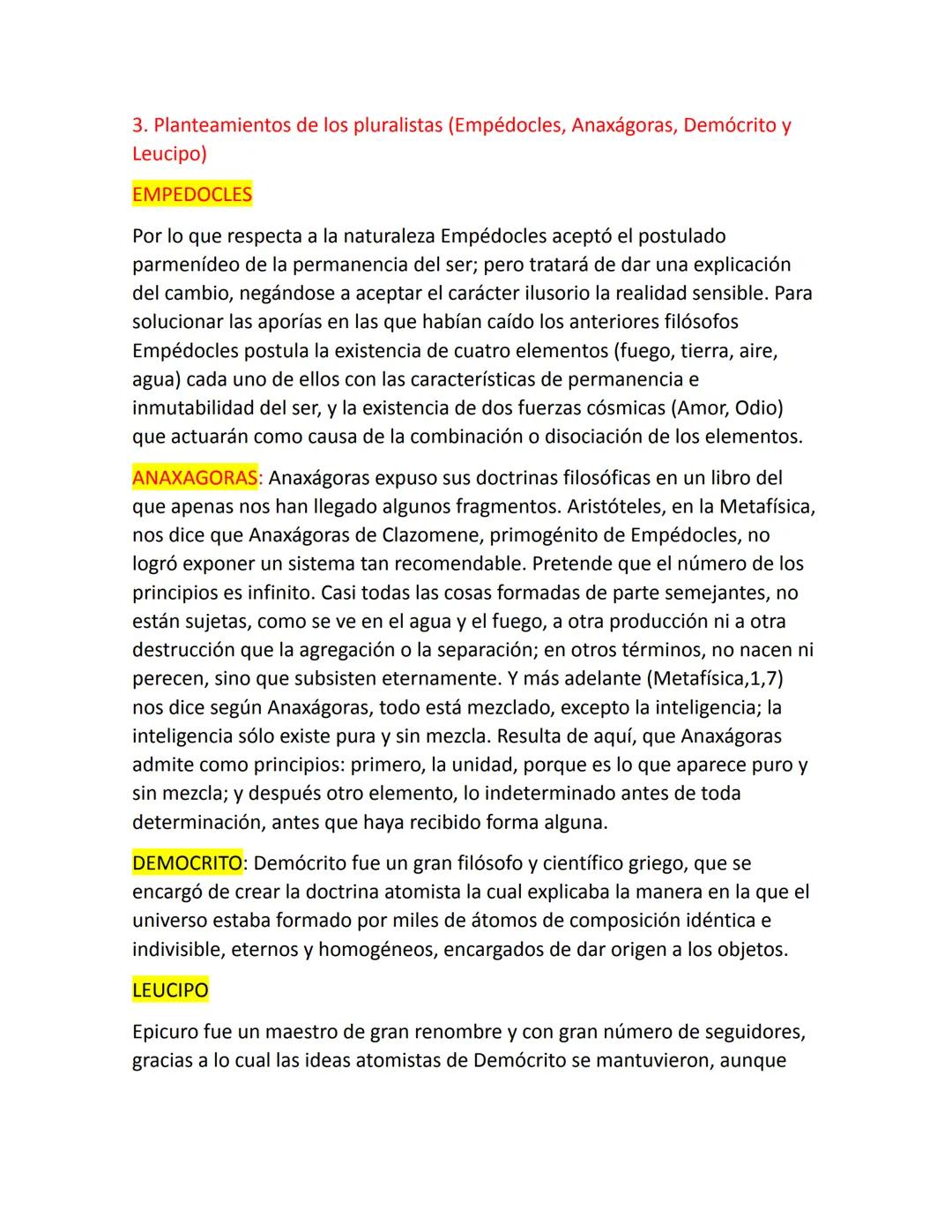 3. Planteamientos de los pluralistas (Empédocles, Anaxágoras, Demócrito y
Leucipo)
EMPEDOCLES
Por lo que respecta a la naturaleza Empédocl