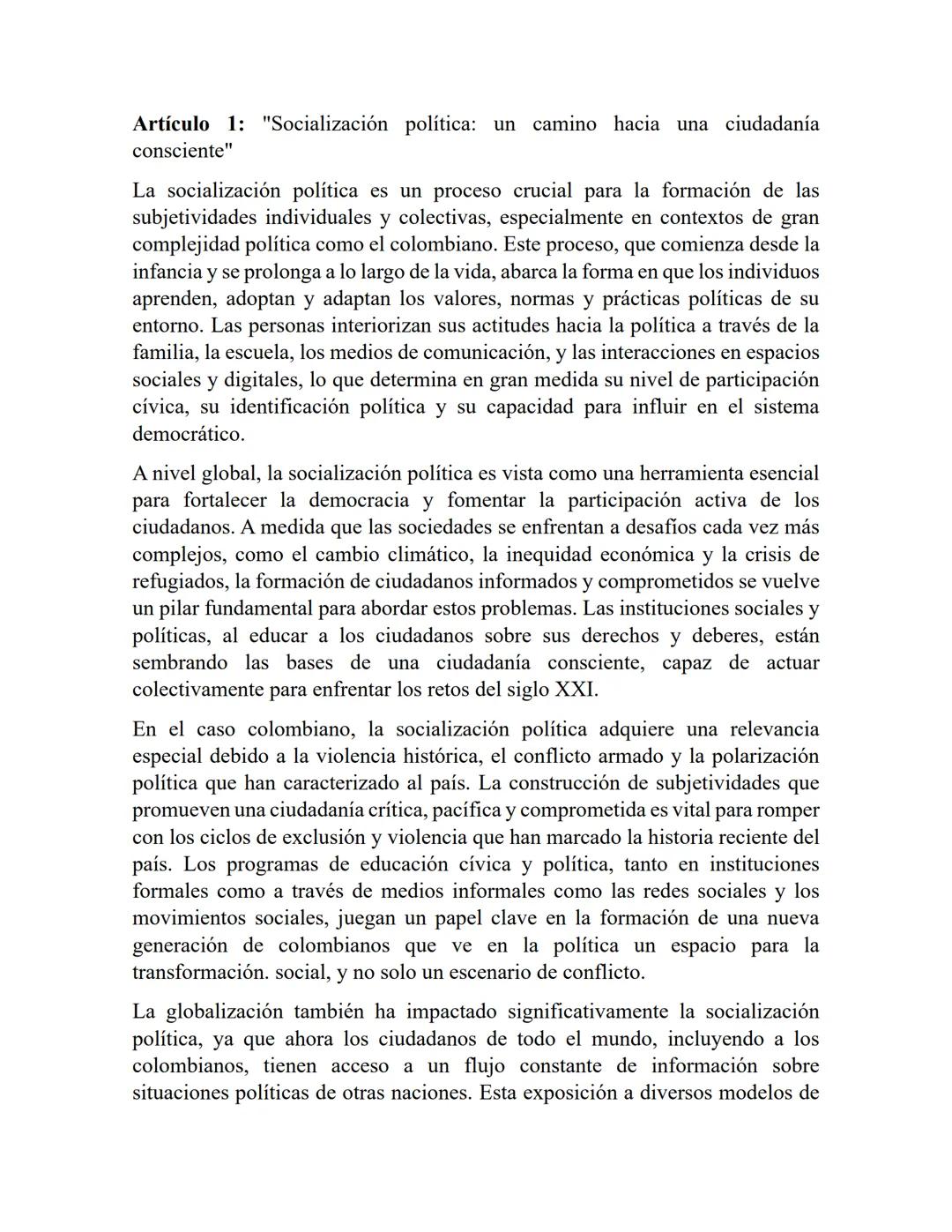 Artículo 1: "Socialización política: un camino hacia una ciudadanía
consciente"
La socialización política es un proceso crucial para la form
