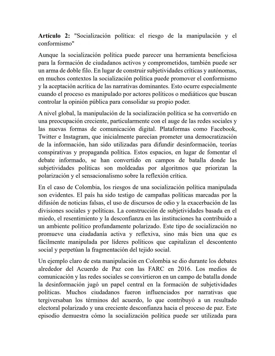 Artículo 1: "Socialización política: un camino hacia una ciudadanía
consciente"
La socialización política es un proceso crucial para la form