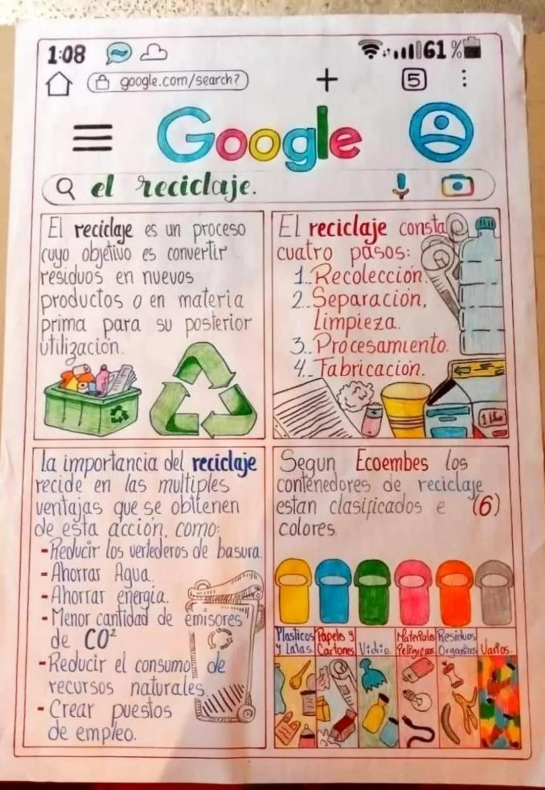 1:08
61%
google.com/search?
+
= Google
Qel reciclaje.
El reciclaje es un proceso
cuyo objetivo es convertir
residuos en nuevos
productos o e