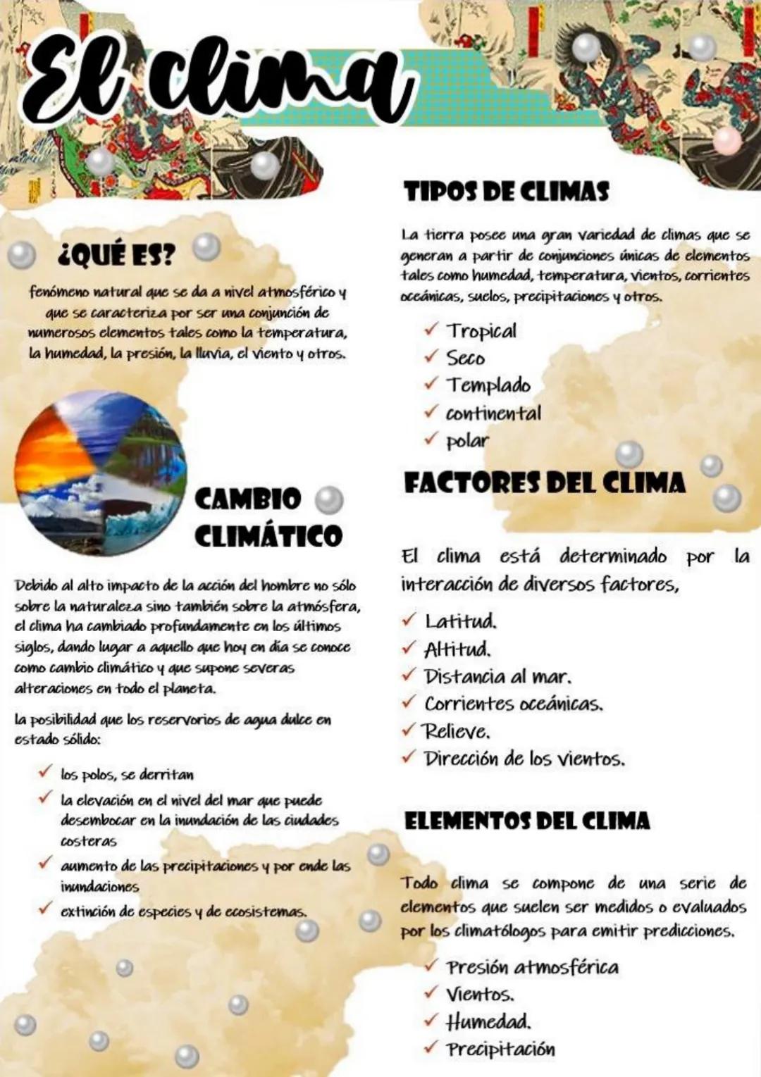 El clima
¿QUÉ ES?
fenómeno natural que se da a nivel atmosférico y
que se caracteriza por ser una conjunción de
numerosos elementos tales co