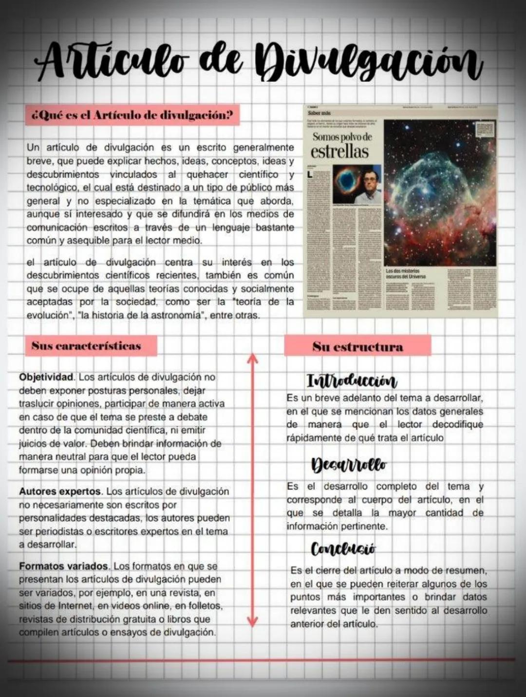 Articulo
Artículo de Divulgación
Divulgación
¿Qué es el Artículo de divulgación?
Saber más
Somos polvo de
Un artículo de divulgación es un e