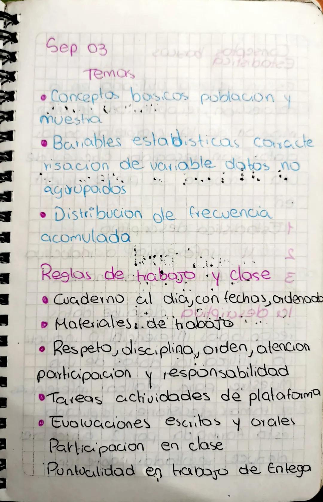 Sep 03
Temas
• Conceptos basicos poblacion y
muestra
•Bariables estadisticas caracte
risacion de variable datos no
agrupados
• Distribucion