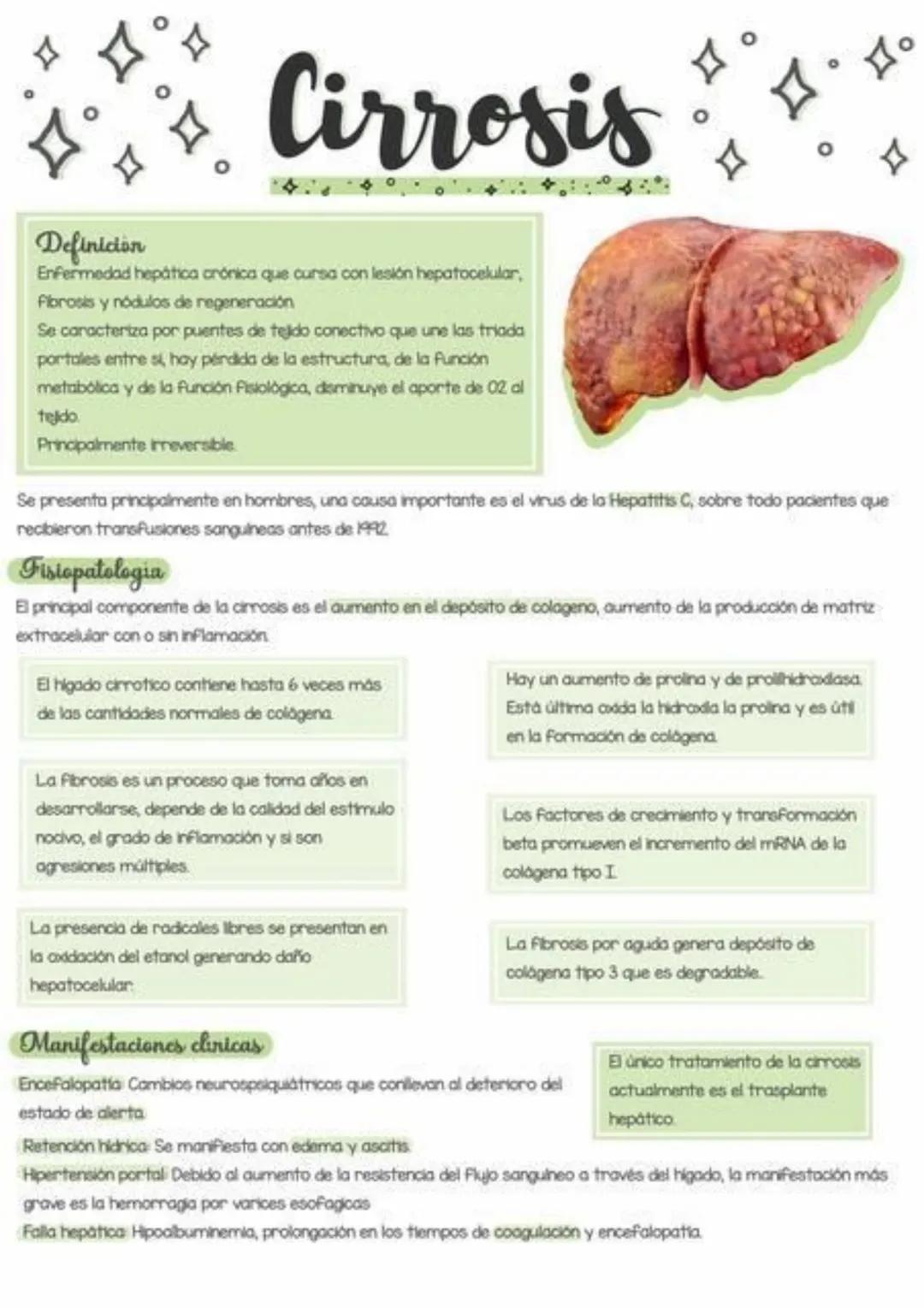 # Cirrosis
Definición
Enfermedad hepática crónica que cursa con lesión hepatocelular,
Fibrosis y nódulos de regeneración
Se caracteriza por