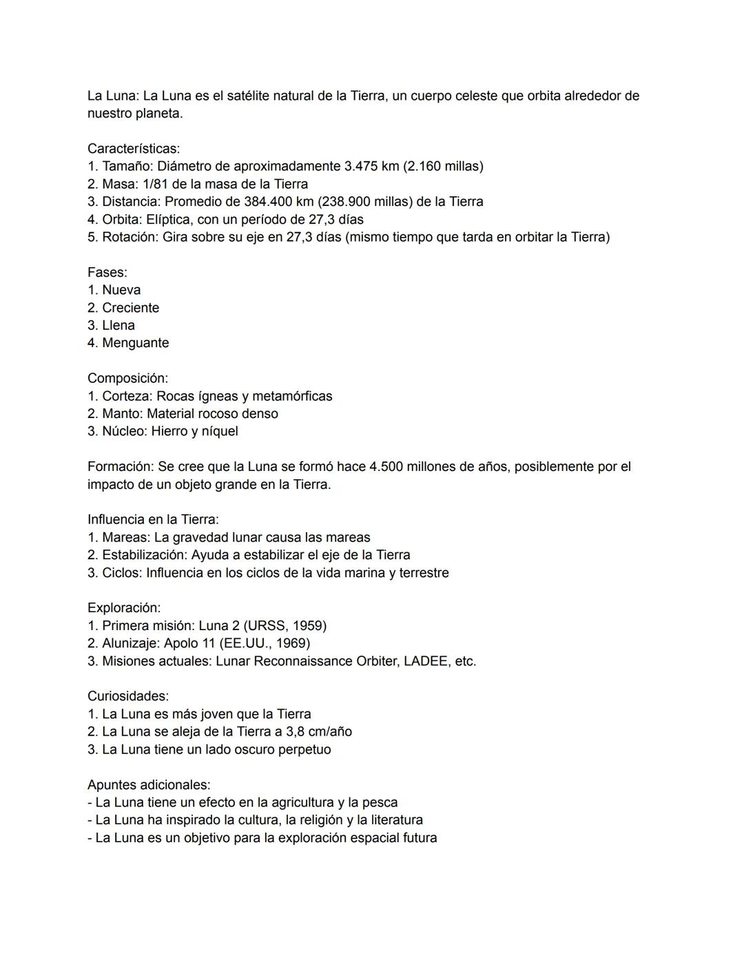 La Luna: La Luna es el satélite natural de la Tierra, un cuerpo celeste que orbita alrededor de
nuestro planeta.
Características:
1. Tamaño