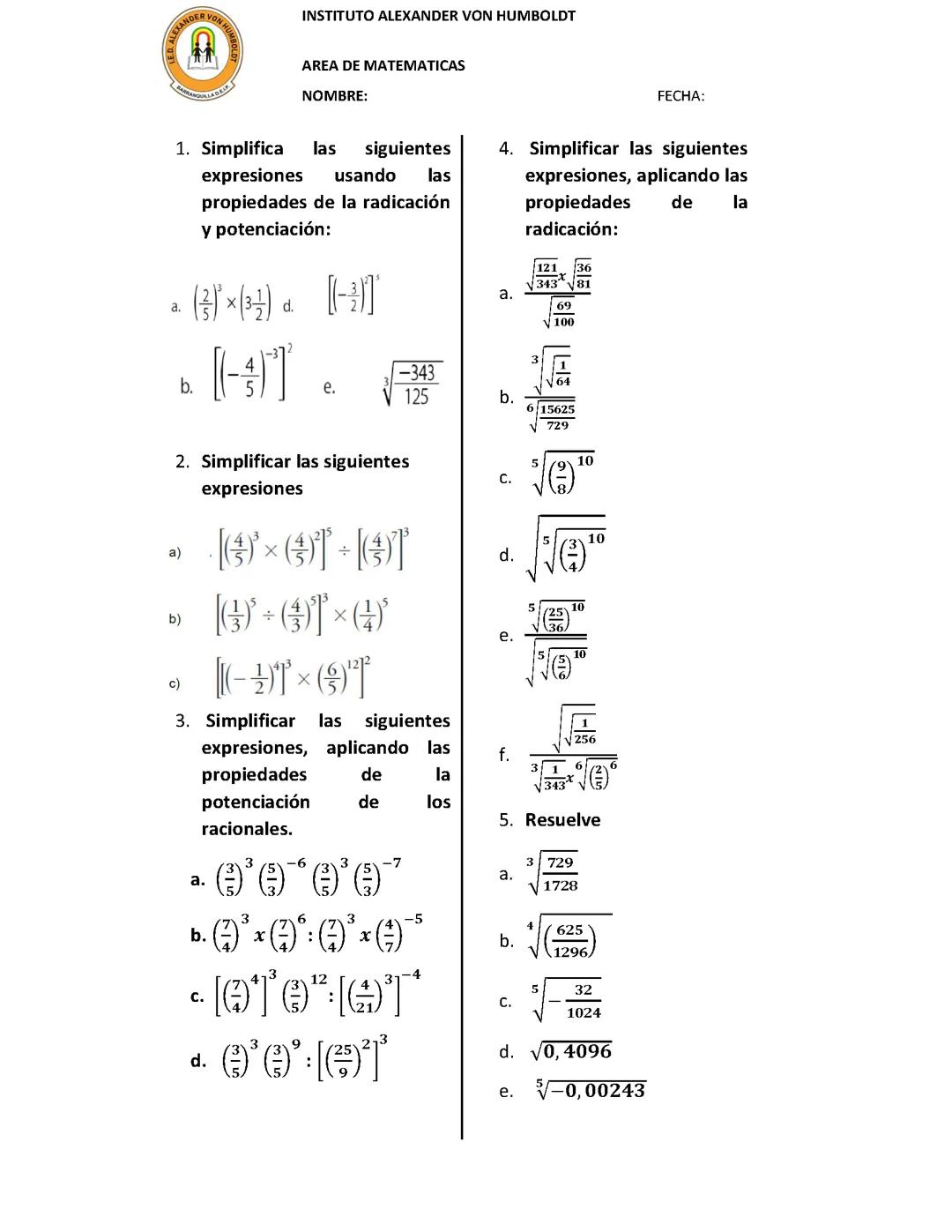 Ejercicios de potenciación y radicación para Sexto