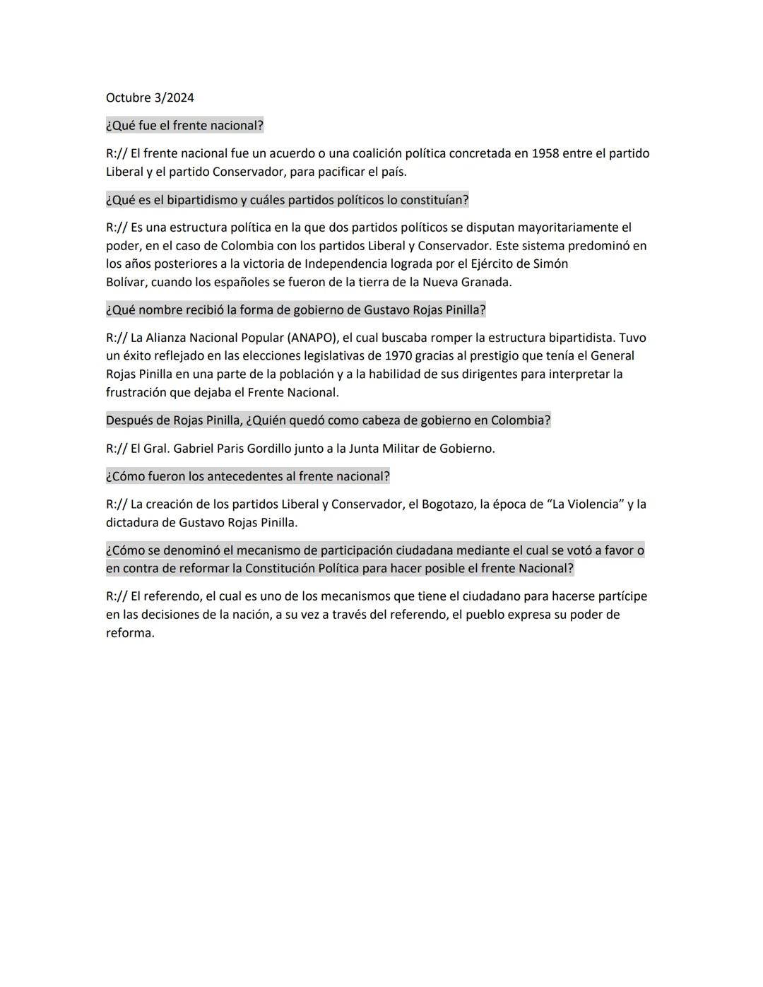 Conceptos del Frente Nacional y dictadura de Rojas Pinilla