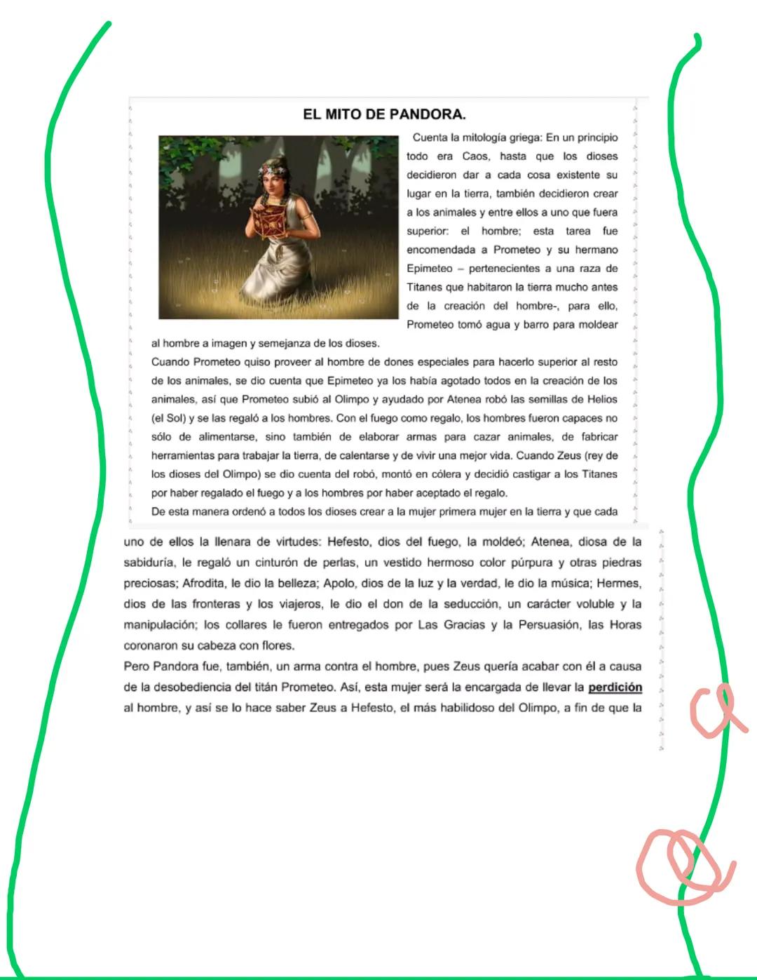 # EL MITO DE PANDORA.
Cuenta la mitología griega: En un principio
todo era Caos, hasta que los dioses
decidieron dar a cada cosa existente