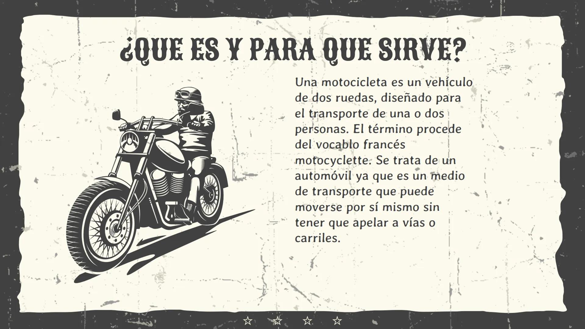# LA
# MOTOCICLETA
Nathalia Pabón Rojas 11.1 # ¿QUE ES Y PARA QUE SIRVE?
Una motocicleta es un vehículo
de dos ruedas, diseñado para
el t
