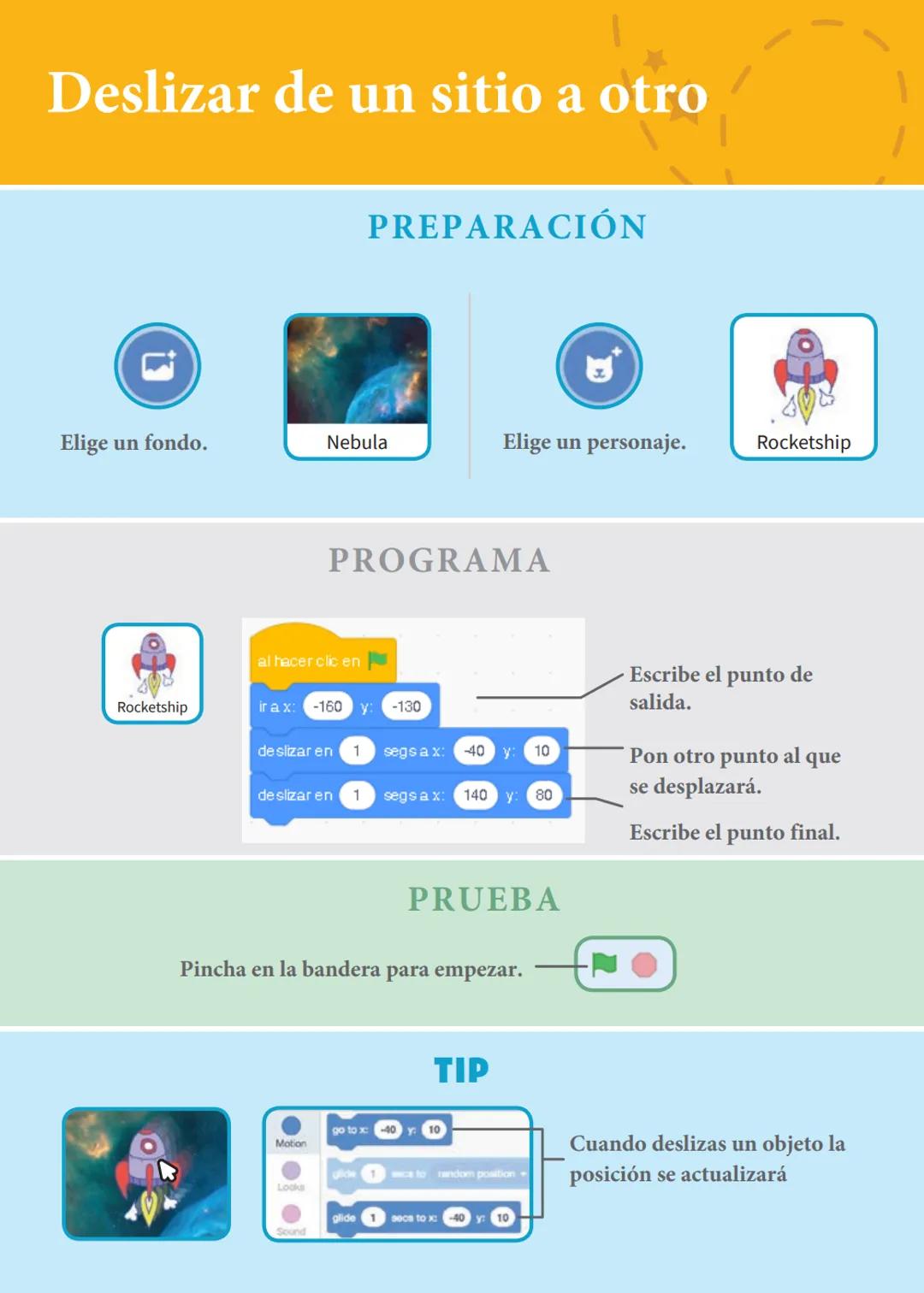 # Animar a un personaje
Anima a personajes.
scratch.mit.edu
8 cartas # Animar a un personaje
Prueba las cartas en cualquier orden
* M