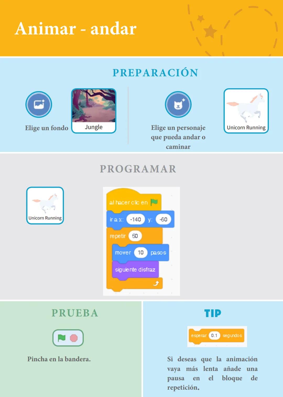 # Animar a un personaje
Anima a personajes.
scratch.mit.edu
8 cartas # Animar a un personaje
Prueba las cartas en cualquier orden
* M