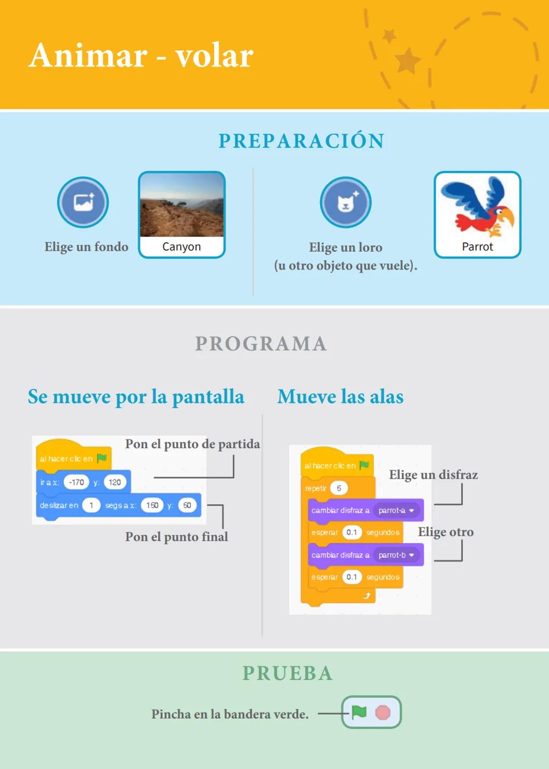 # Animar a un personaje
Anima a personajes.
scratch.mit.edu
8 cartas # Animar a un personaje
Prueba las cartas en cualquier orden
* M