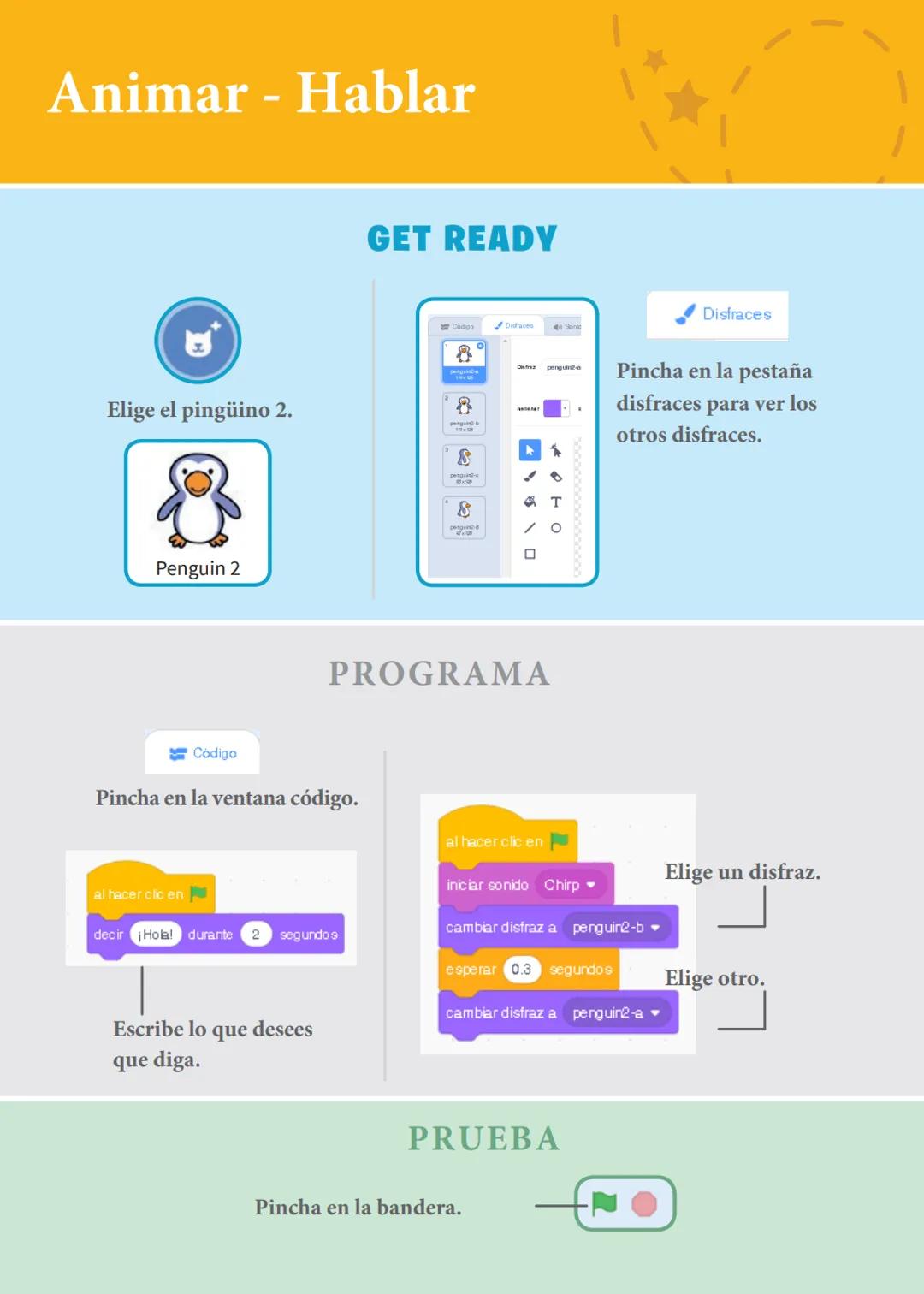 # Animar a un personaje
Anima a personajes.
scratch.mit.edu
8 cartas # Animar a un personaje
Prueba las cartas en cualquier orden
* M
