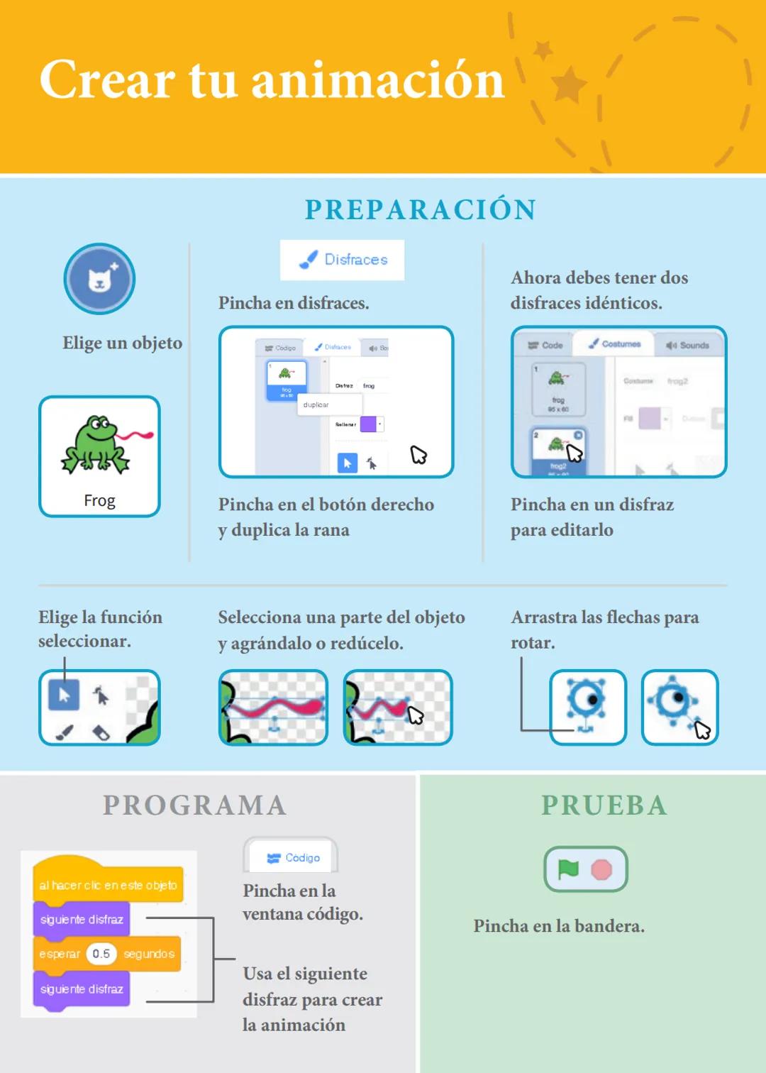 # Animar a un personaje
Anima a personajes.
scratch.mit.edu
8 cartas # Animar a un personaje
Prueba las cartas en cualquier orden
* M