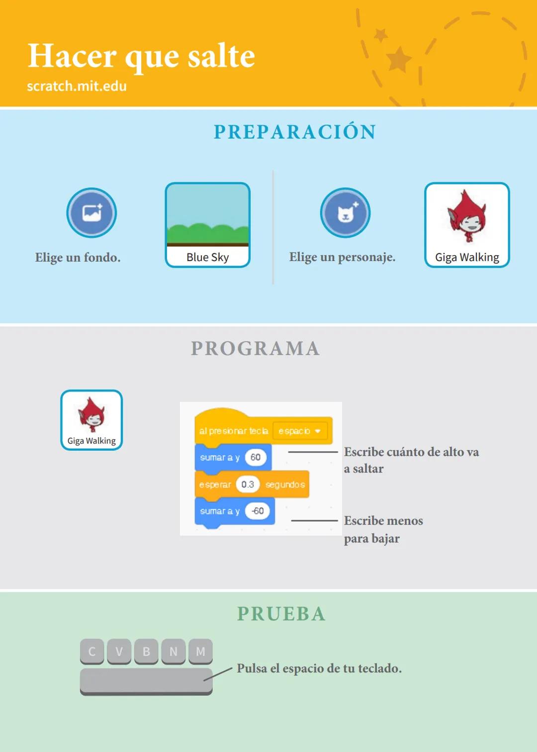# Animar a un personaje
Anima a personajes.
scratch.mit.edu
8 cartas # Animar a un personaje
Prueba las cartas en cualquier orden
* M