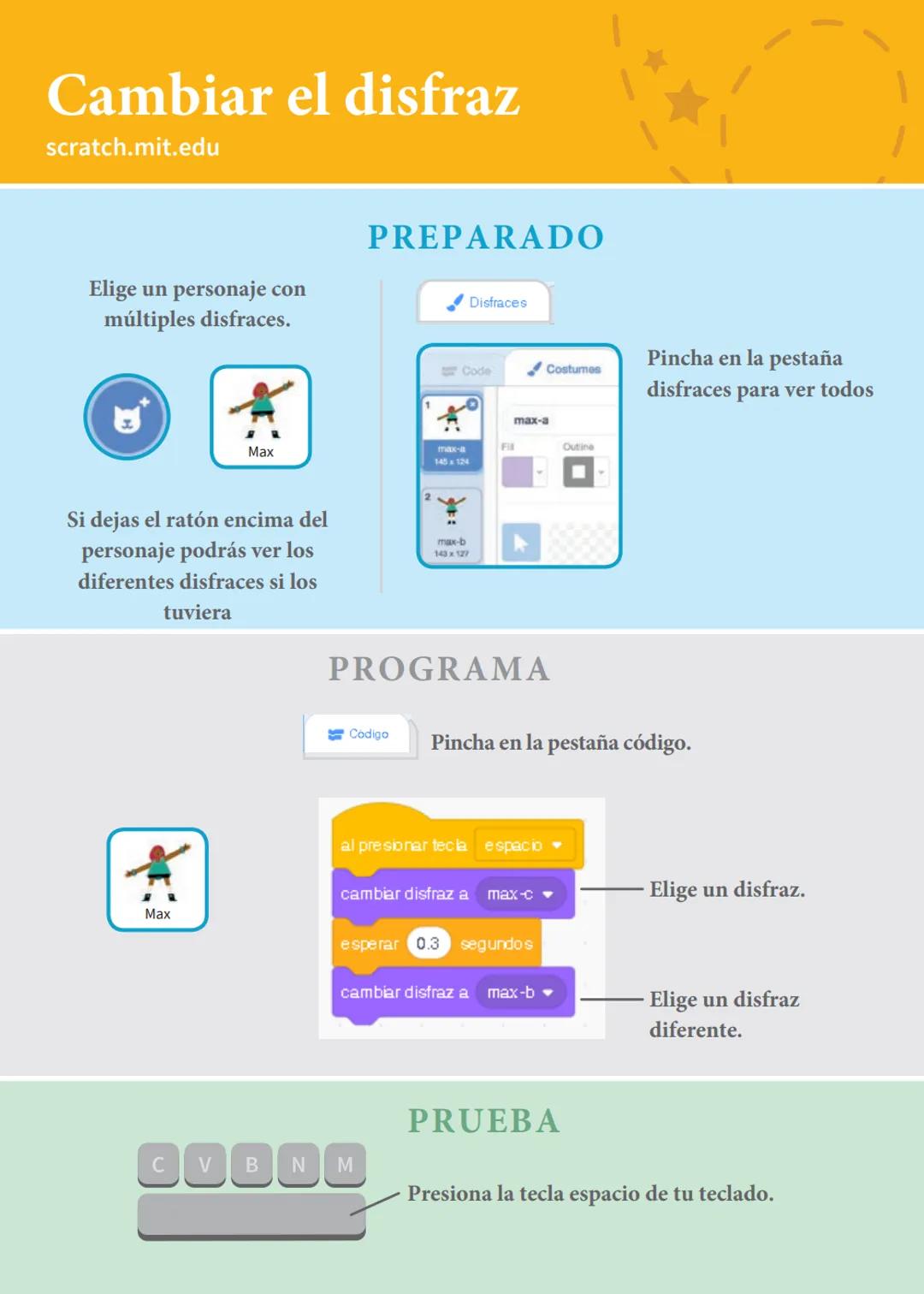 # Animar a un personaje
Anima a personajes.
scratch.mit.edu
8 cartas # Animar a un personaje
Prueba las cartas en cualquier orden
* M